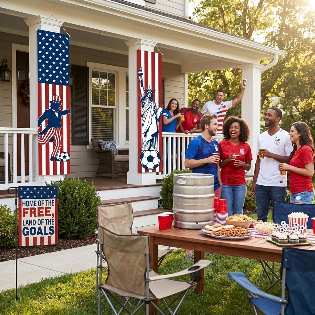 4th of July Decor Soccer Theme World Soccer Flag Porch Banners & Patriotic Garden Flags Set - Uncle Sam & Liberty American Flag Decor, Patriotic Decorations for Independence Day Outdoor Yard Sign (3 Pack)