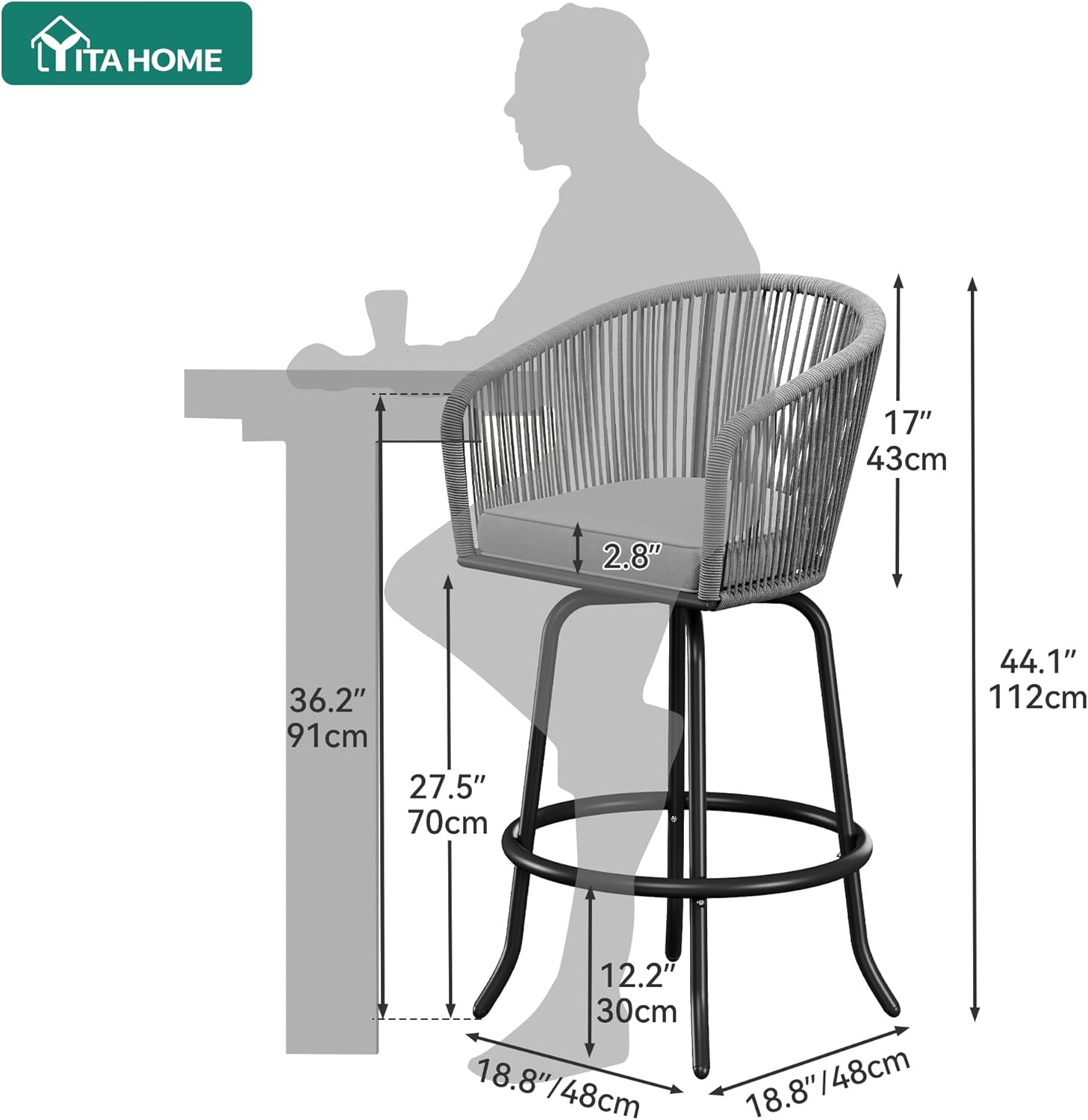 YITAHOME 27" Bar Stools Set of 2 with Arms & Cushions, 360° Swivel Outdoor Bar Stools, All Weather Counter Height Bar Stools Set of 2 with Curved Back for Backyard, Kitchen Island, Dining Room, Gray