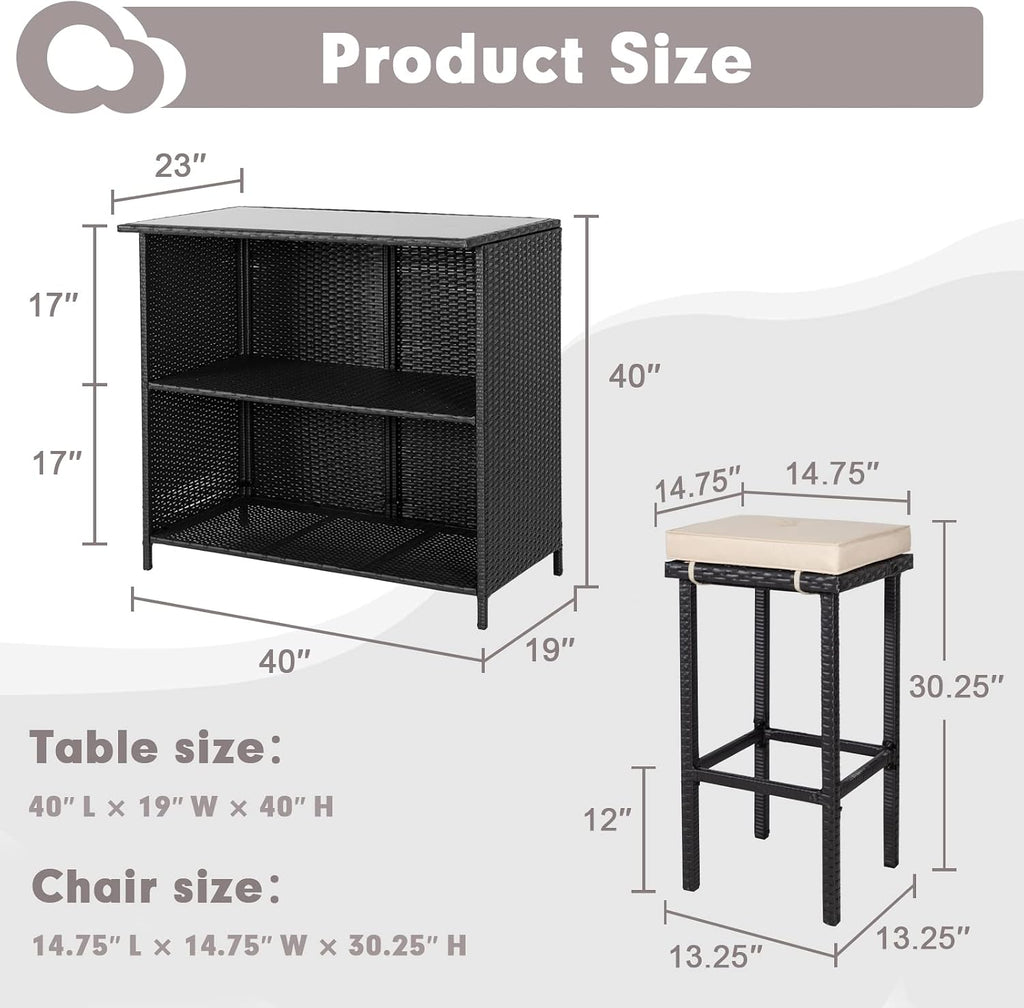 3-Piece Brown Wicker Outdoor Bar Bistro Set with Glass Table & 2 Stools