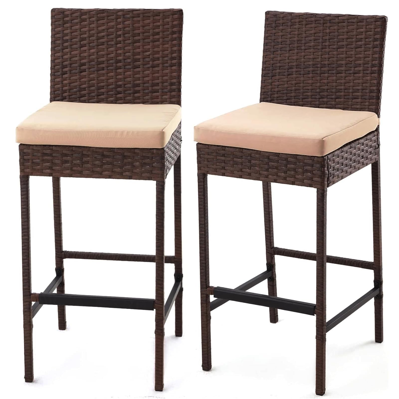 ECOTOUGE Rattan Bar Stools Set of 2, Outdoor Wicker Barstools Counter Height with Cushion for Lawn, Balcony, Garden, Black