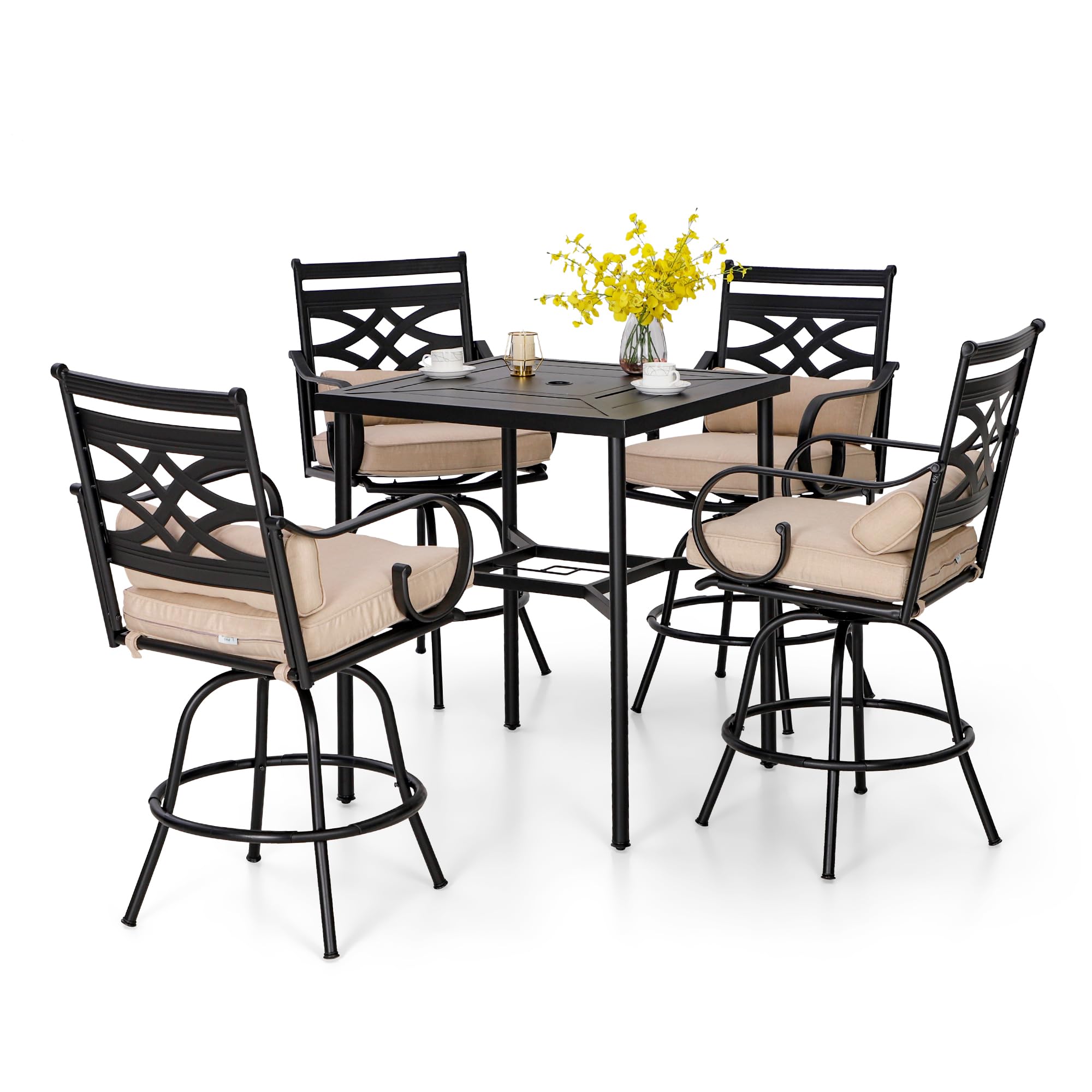PHI VILLA 7 Piece Outdoor Bar Set, Counter Height Patio Bar Furniture Rectangle Dining Table and 6 Swivel Bar Stools Chairs with Brown Textilene Fabric for Garden,Yard and Deck