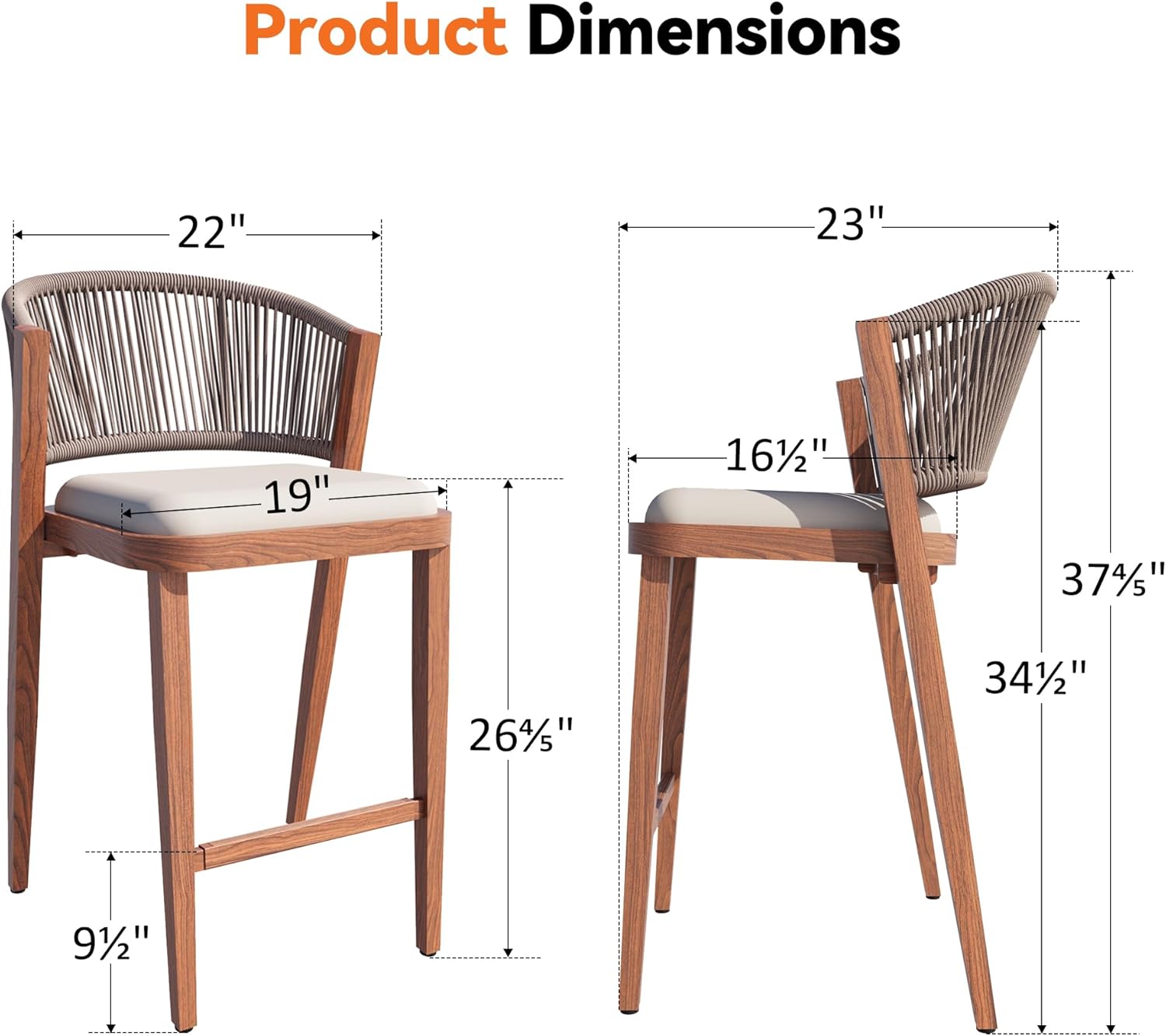 Modern Shade Chatham Outdoor Counter Height Bar Stool Set of 2 with Rope Woven Backrest, Wood Grain Aluminum Frame & Cushioned Seat, Modern Counter Height Bar Stool for Patio, Kitchen & Home Bar