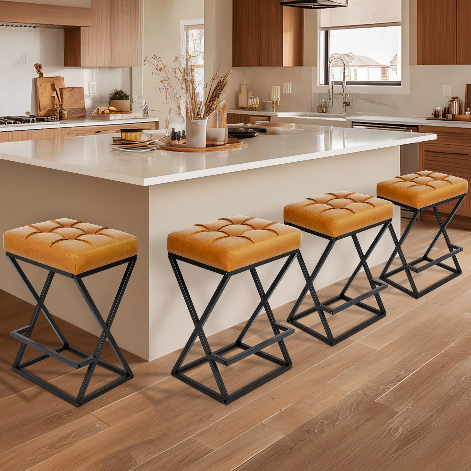 2 Pack Walnut Brown Faux Leather Backless Counter Stools with Metal X Frame Legs