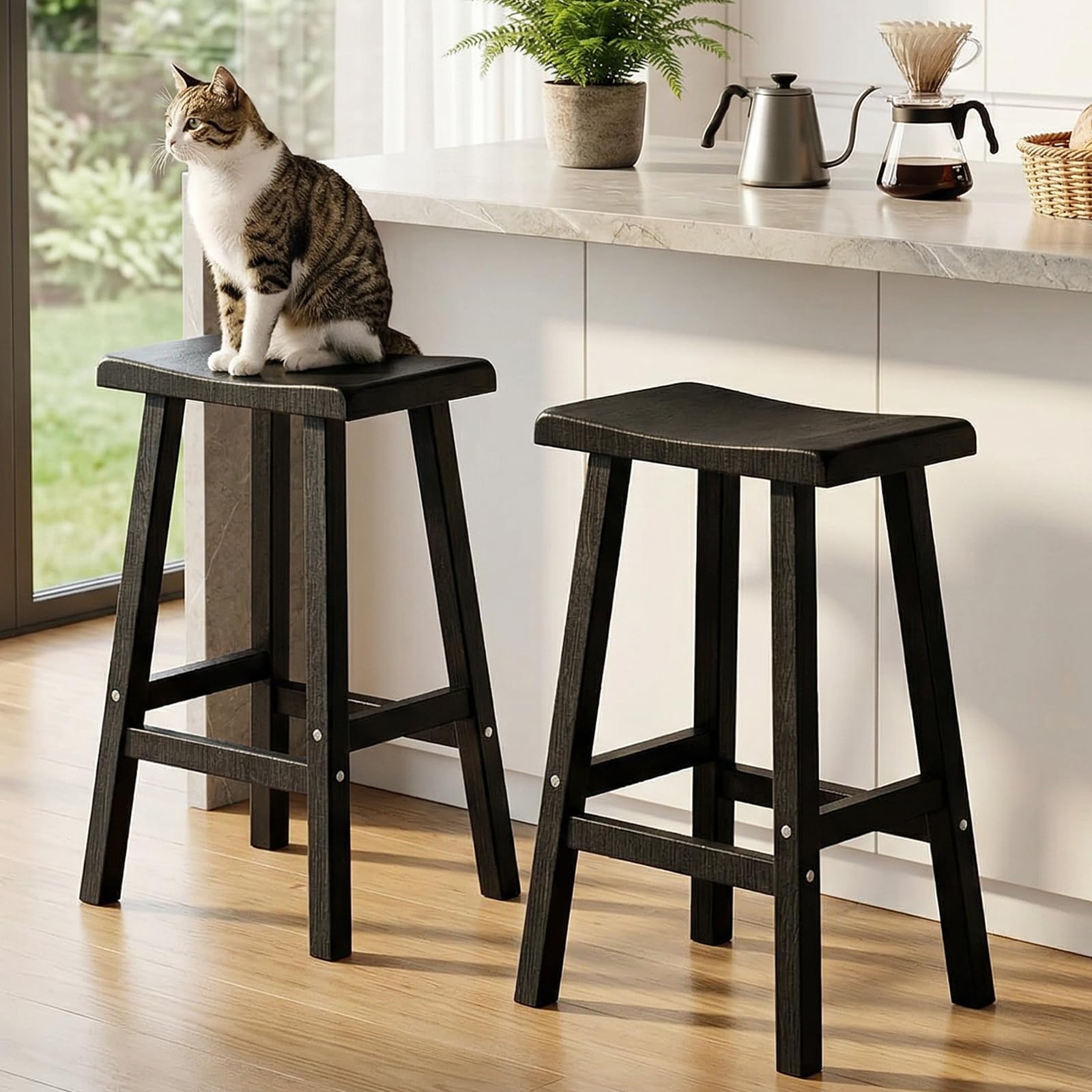 EFU Outdoor Bar Stools Set of 4,All-Weather Patio Stools & Bar Chairs, Heavy Duty Resin Saddle Stool with Protective Foot Pads,Waterproof 29 Inch Stool with Footrest for Deck,Balcony and Yard (Black)