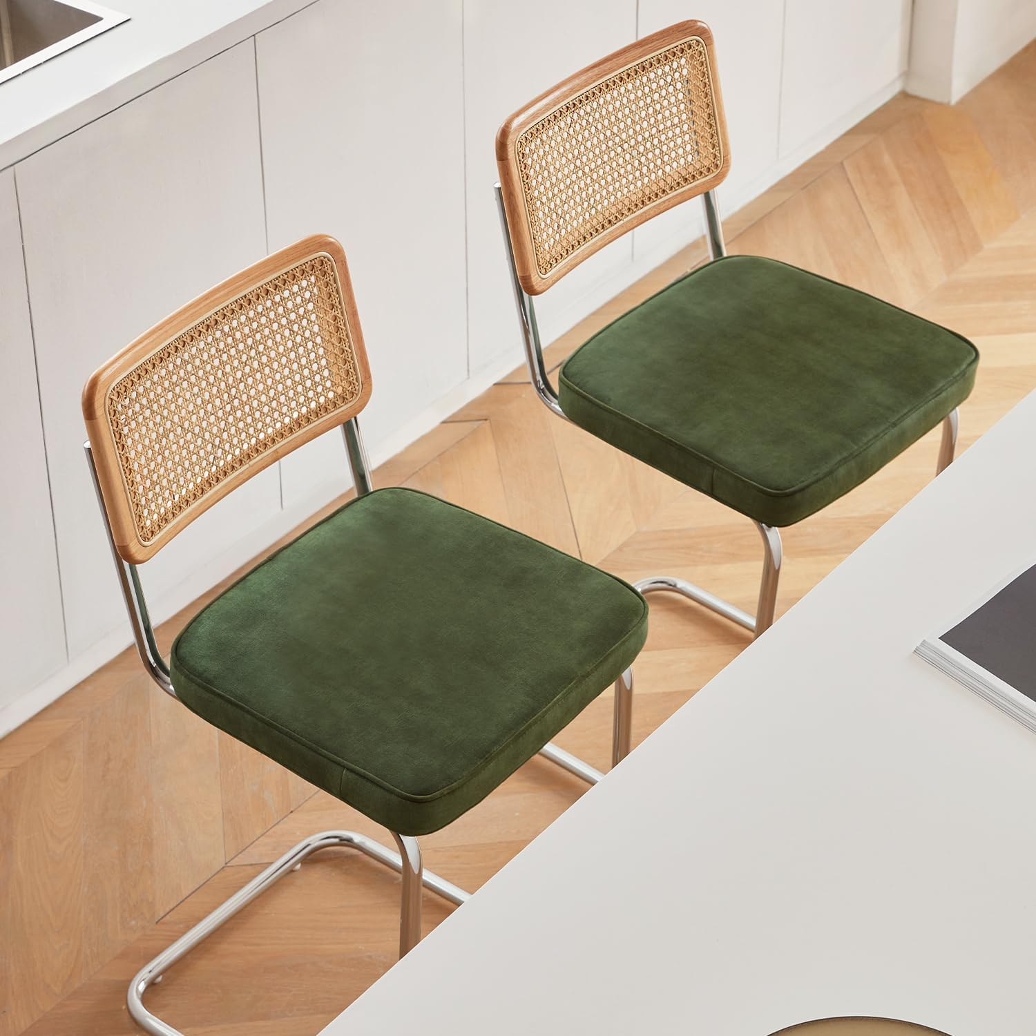 GrandNoor Natural Rattan Bar Stools Set of 2 with Solid Wood Back, 24 Inch Mid Century Modern Counter Height Stools, Green Upholstery Boho Stool for Kitchen Counter with Chrome Metal Legs