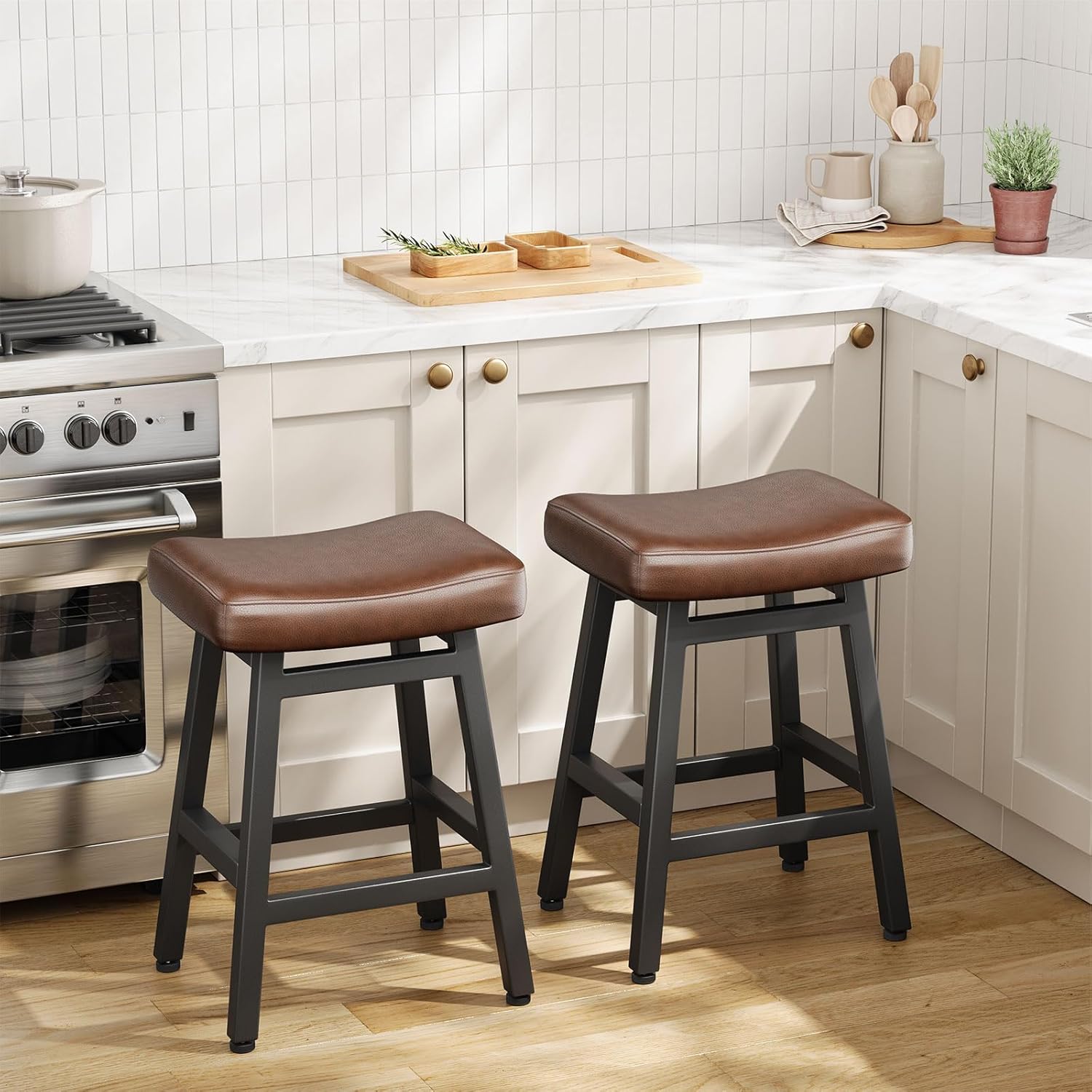 Raynesys Counter Height Bar Stools Set of 2, 24 Inch Barstools for Kitchen Counter, Kitchen Stools with Bonded Leather Saddle Seats & Heavy Duty Metal Legs, Easy Assembly, All Black