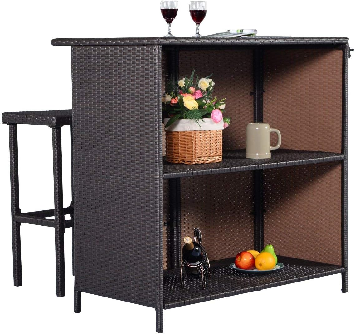 ReunionG Outdoor Bar Rattan Set 3-Piece Wicker Bar Stools & Table with 2 Storage Shelves for Lawn Pool Backyard Garden