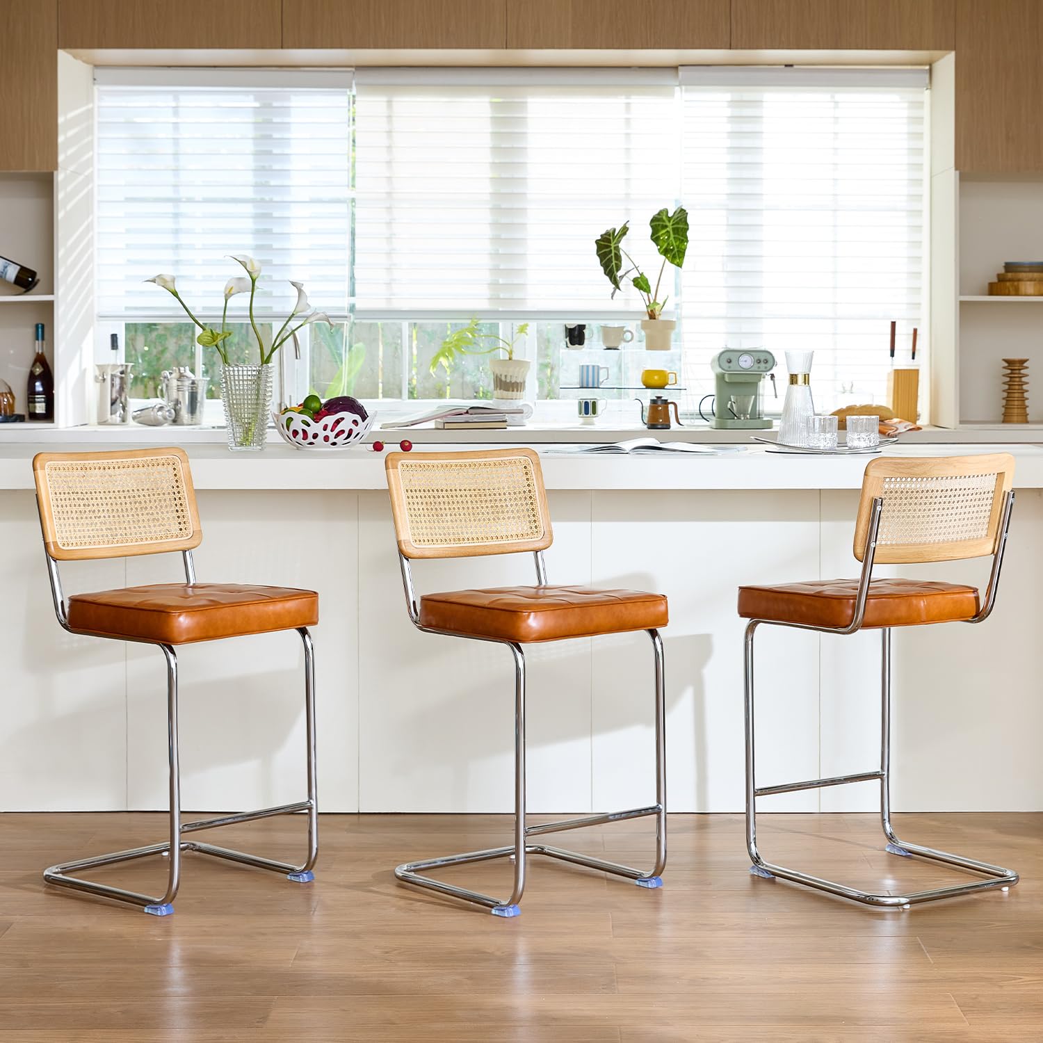 GrandNoor Natural Rattan Bar Stools Set of 2 with Solid Wood Back, 24 Inch Mid Century Modern Counter Height Stools, Green Upholstery Boho Stool for Kitchen Counter with Chrome Metal Legs