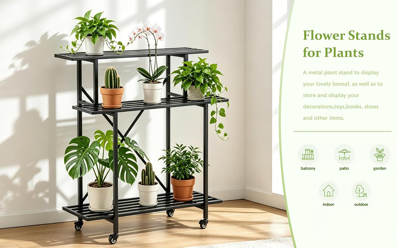 Zhongma 3 Tier Sturdy Plant Stand with Wheels, Heavy Duty Plant Holder for Home Indoor and Outdoor, L35.43 xW17.32 x H41.73 inch