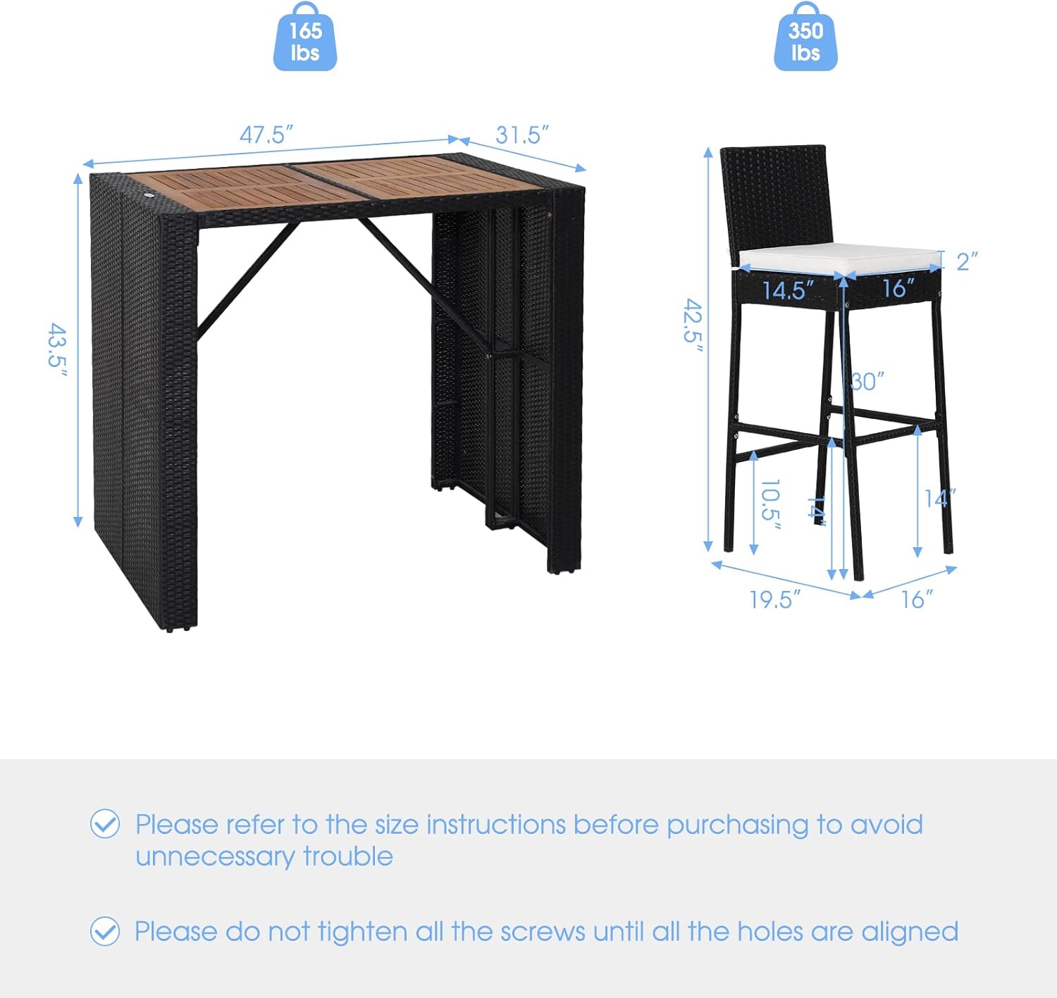 Tangkula 5 Piece Patio Wicker Bar Set, Patiojoy Outdoor Acacia Wood Bar Height Table & 4 Rattan Bar Stool Chairs with Backrest and Footrest, Outdoor Dining Bistro Set