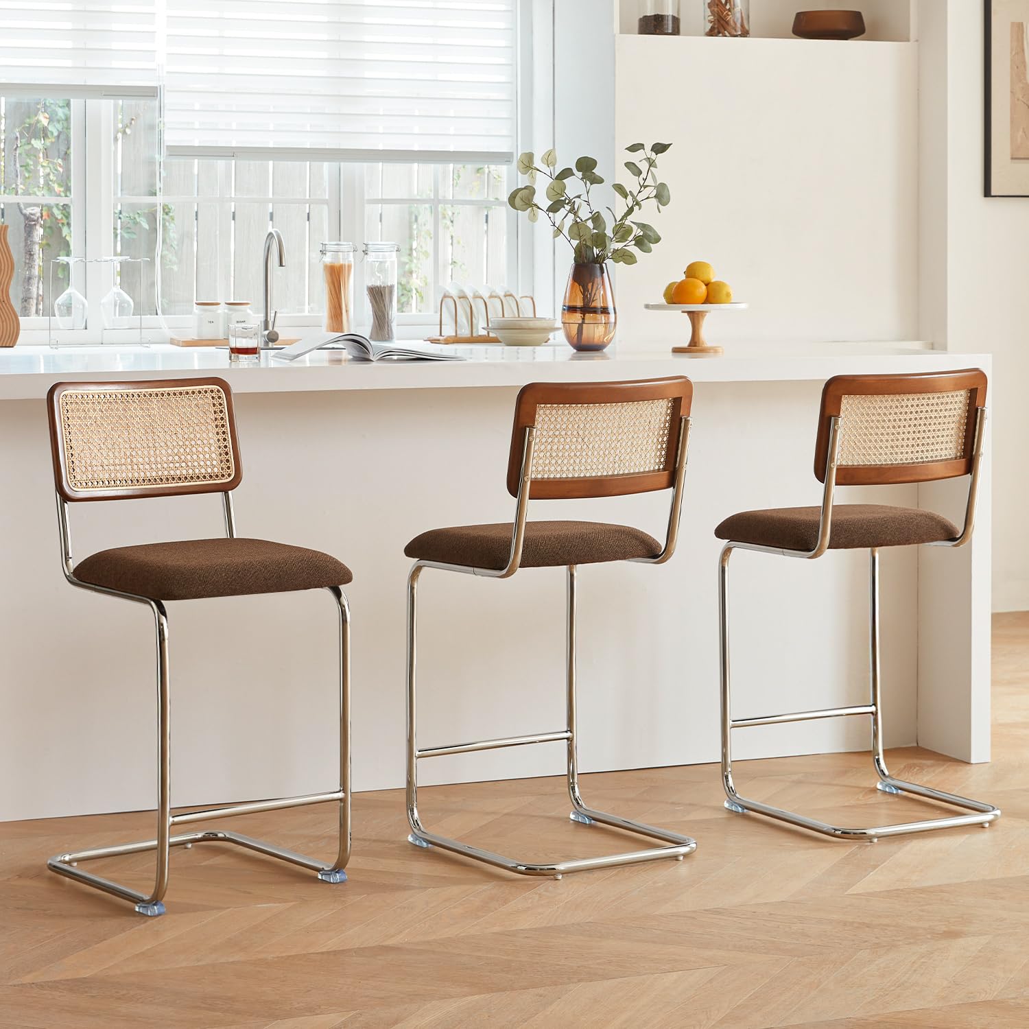 GrandNoor Natural Rattan Bar Stools Set of 2 with Solid Wood Back, 24 Inch Mid Century Modern Counter Height Stools, Green Upholstery Boho Stool for Kitchen Counter with Chrome Metal Legs