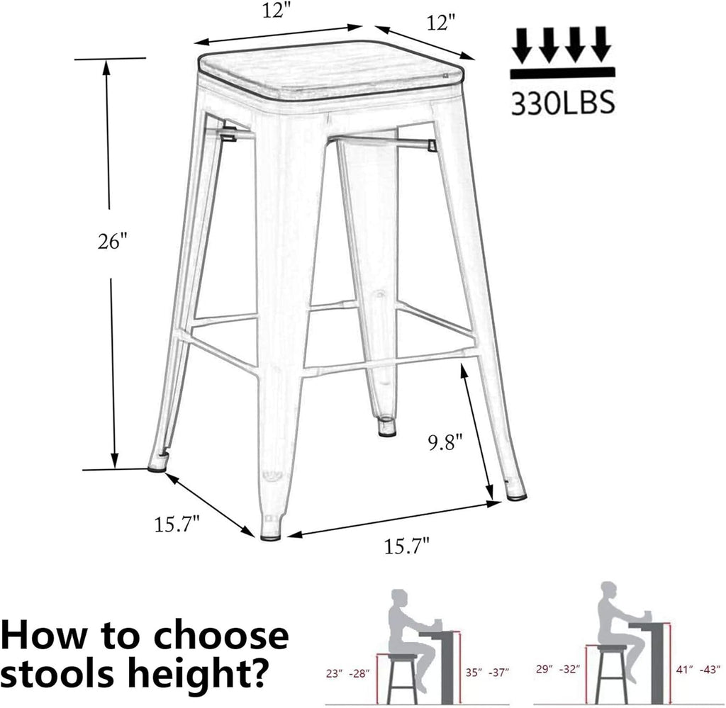 Alunaune 26" Metal Counter Height Bar Stools Set of 4 Backless Stackable Industrial Kitchen Patio Stool Bar Chairs with Wooden Seat-Rusty