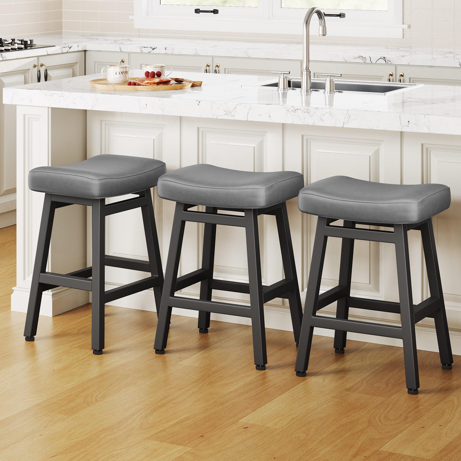Raynesys Counter Height Bar Stools Set of 2, 24 Inch Barstools for Kitchen Counter, Kitchen Stools with Bonded Leather Saddle Seats & Heavy Duty Metal Legs, Easy Assembly, All Black
