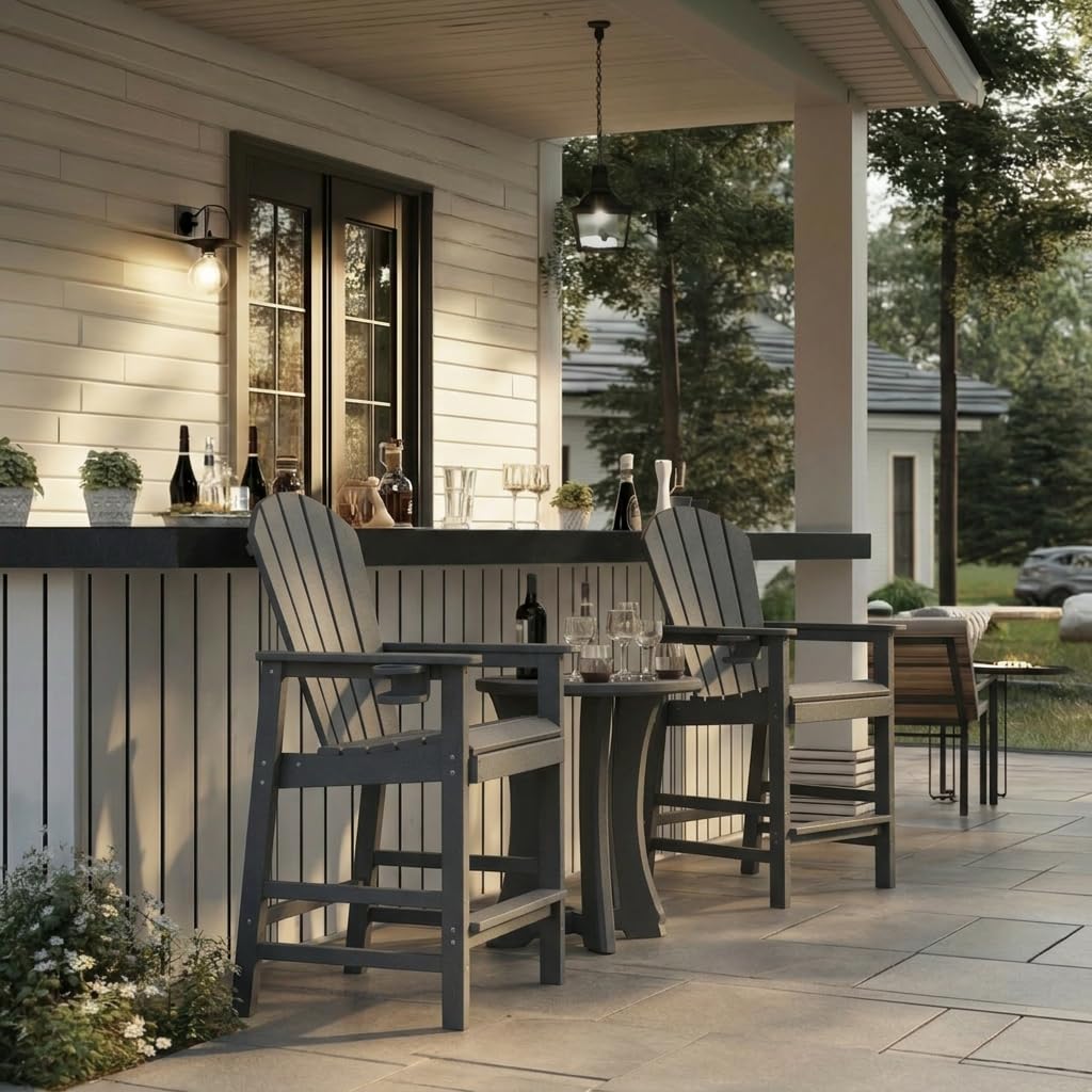 WILLIAMSPACE Patio Bar Table Set of 5, Outdoor Wicker Height Bar Table & 4 Chairs with Cushions & Wood Tabletop, Bistro Set for Backyards Porches (Brown+Grey)