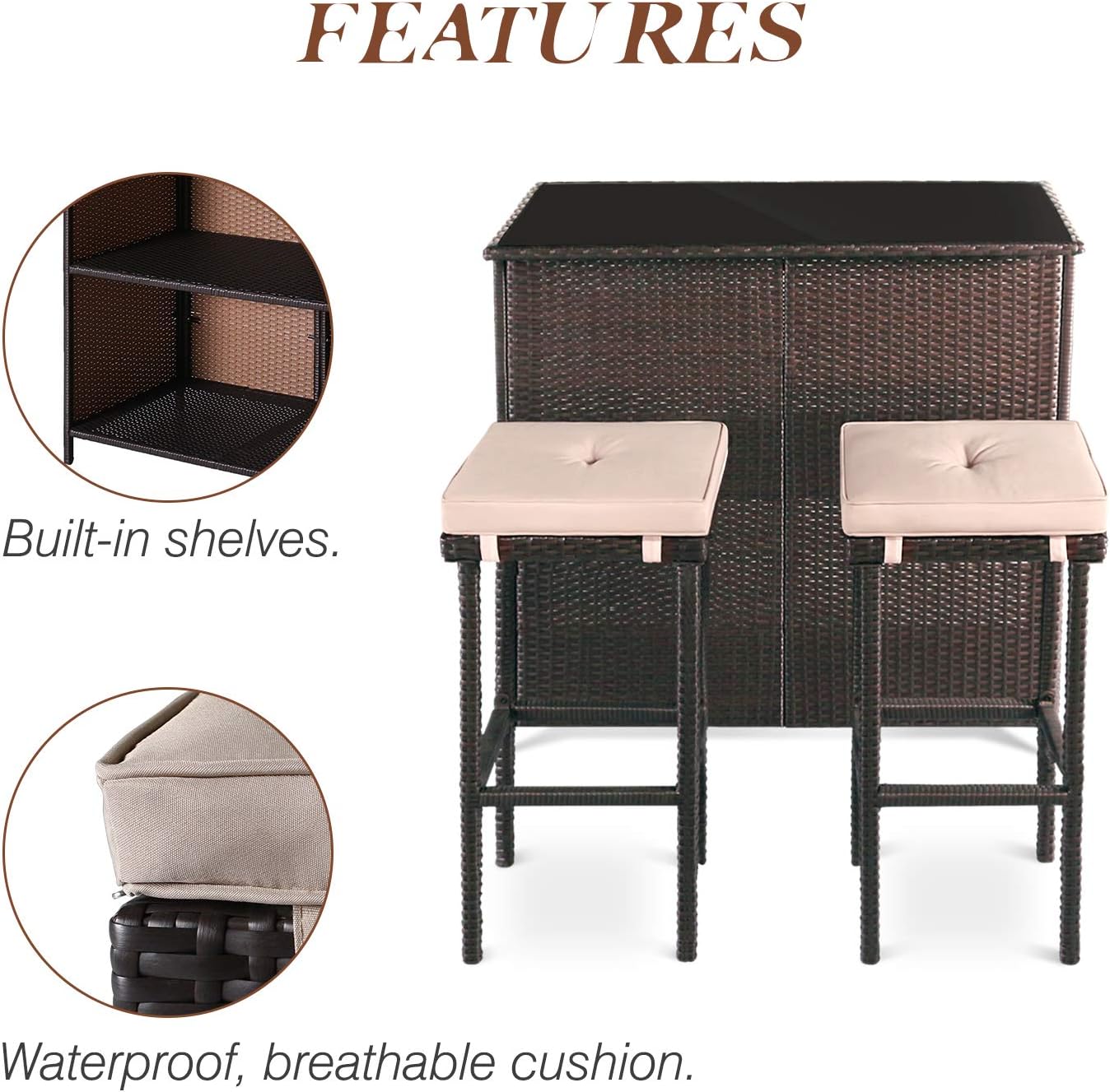 SOLAURA 3-Piece Outdoor Patio Bar Set Black Brown Wicker Bar Table Set Patio Furniture and Two Stools with Cushions for Backyards, Lawn, Garden or Poolside