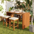 5-Piece Acacia Wood Patio Bar Table Set with 4 Beige Cushioned Stools