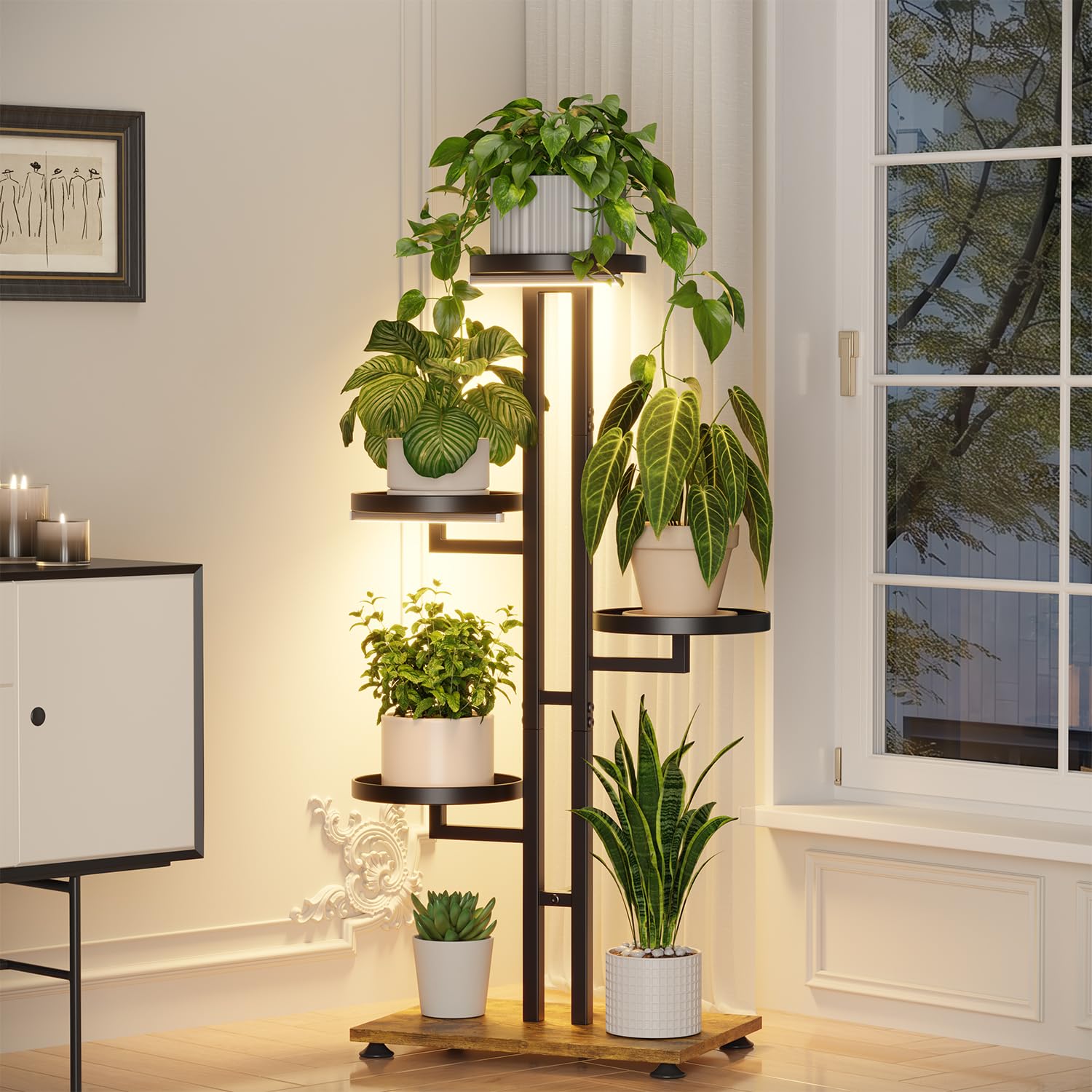 5-Tier Corner Plant Stand with Grow Light, Metal Wood Flower Rack for Indoor Balcony Display