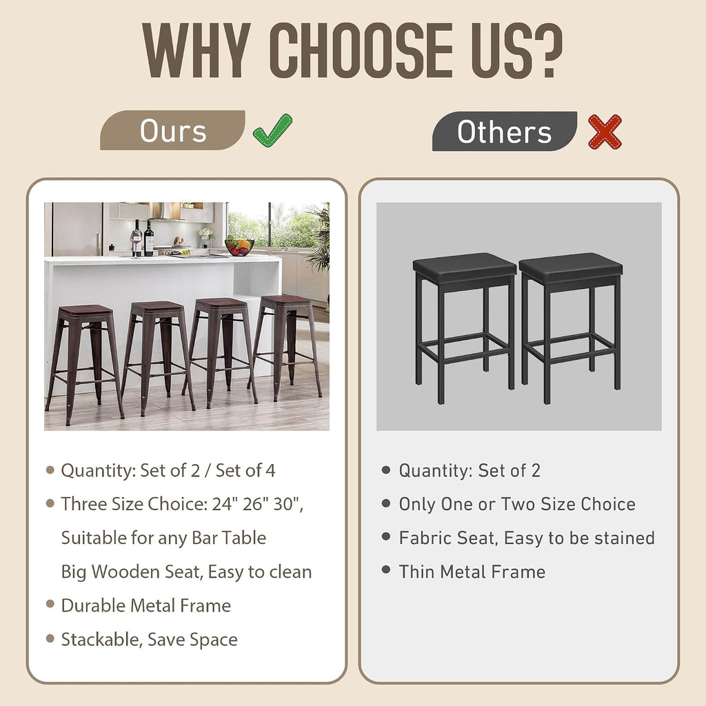 Alunaune 26" Metal Counter Height Bar Stools Set of 4 Backless Stackable Industrial Kitchen Patio Stool Bar Chairs with Wooden Seat-Rusty