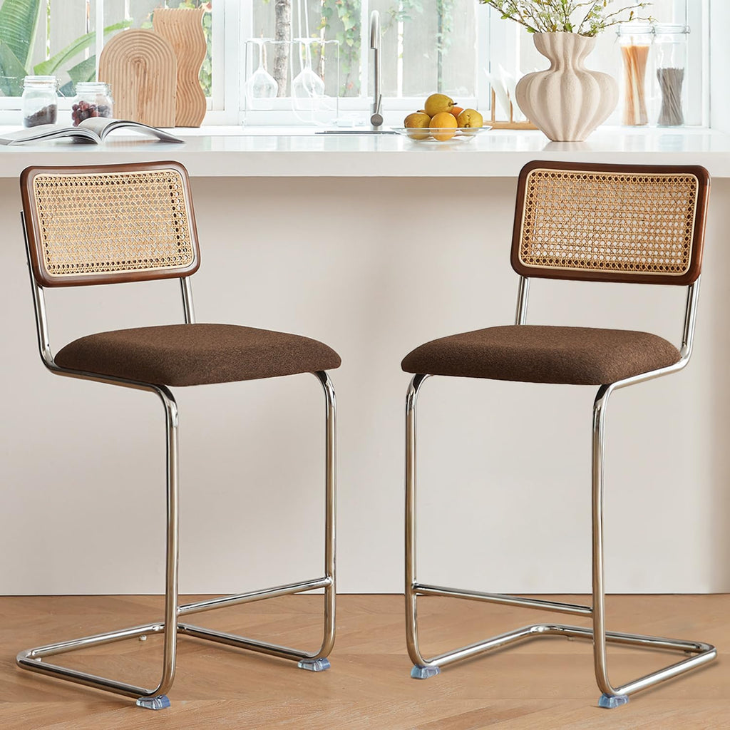 GrandNoor Natural Rattan Bar Stools Set of 2 with Solid Wood Back, 24 Inch Mid Century Modern Counter Height Stools, Green Upholstery Boho Stool for Kitchen Counter with Chrome Metal Legs