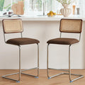 GrandNoor Natural Rattan Bar Stools Set of 2 with Solid Wood Back, 24 Inch Mid Century Modern Counter Height Stools, Green Upholstery Boho Stool for Kitchen Counter with Chrome Metal Legs