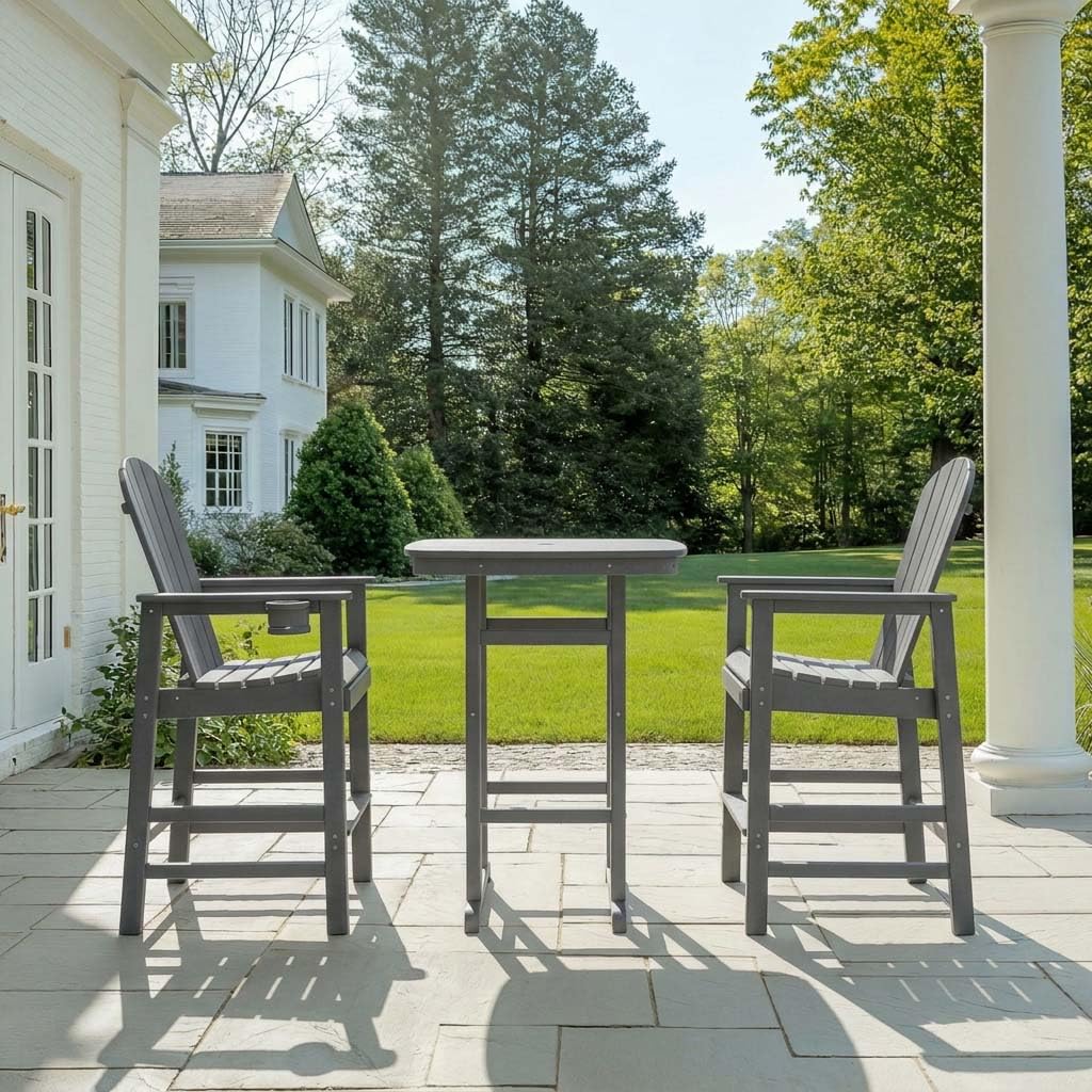 WILLIAMSPACE Patio Bar Table Set of 5, Outdoor Wicker Height Bar Table & 4 Chairs with Cushions & Wood Tabletop, Bistro Set for Backyards Porches (Brown+Grey)
