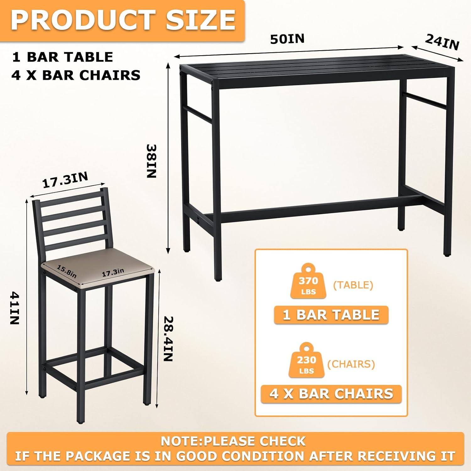 5 Piece Outdoor Bar Table & Chairs Set, 50" Rectangular Height Dining Table Set with 4 Bar Chairs Soft Seat with Backrest, High Metal Breakfast Table, High Top Table & Chairs for Kitchen, Restaurant