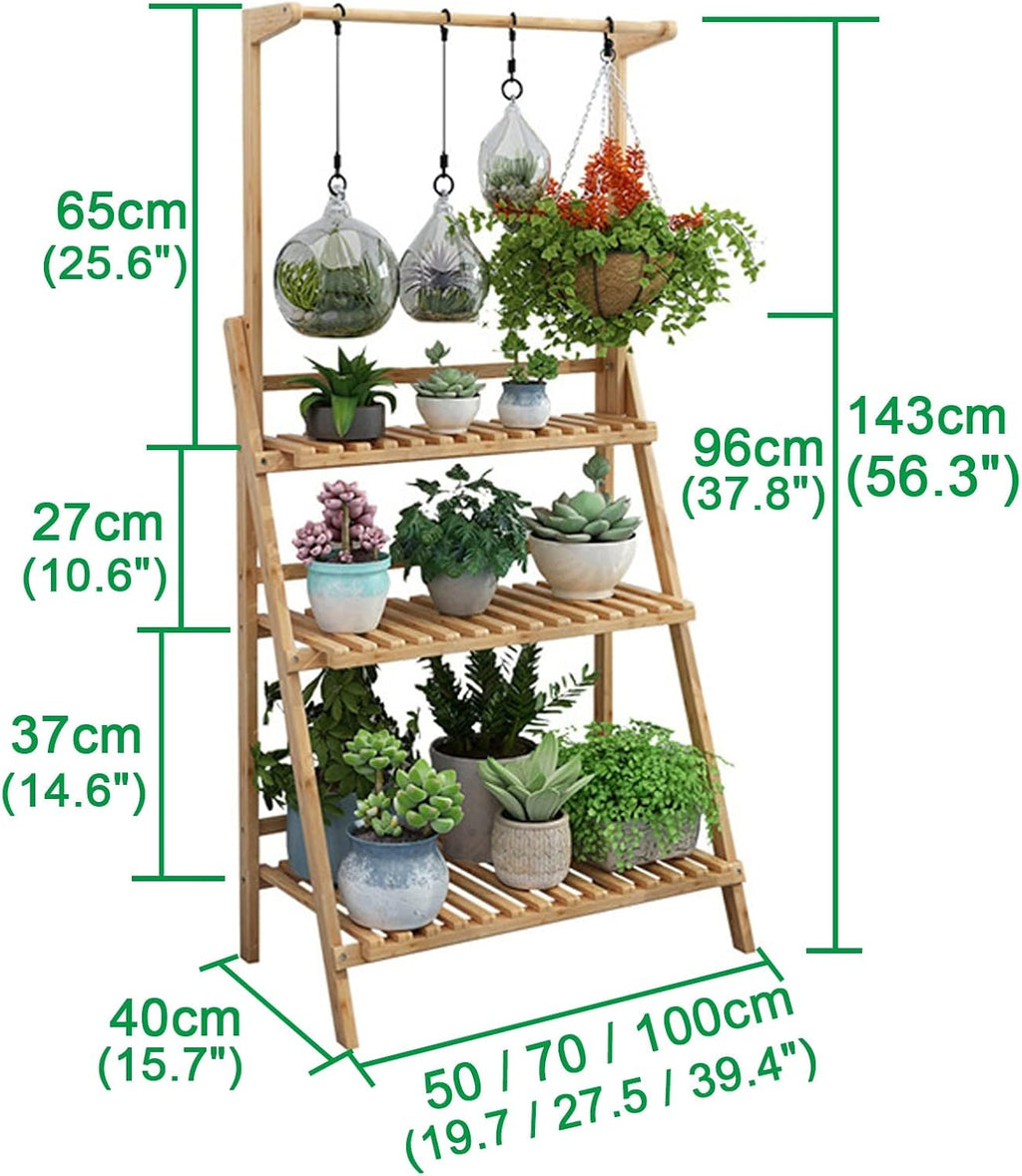 LIGUOYI 3 Tier Ladder Plant Shelves Flower Holder Racks Hanging Multi Plant Pot Holder Folding Display Shelving Bamboo Plant Stand Plants Shelf Unit Holder for Garden Balcony Living Room Patio