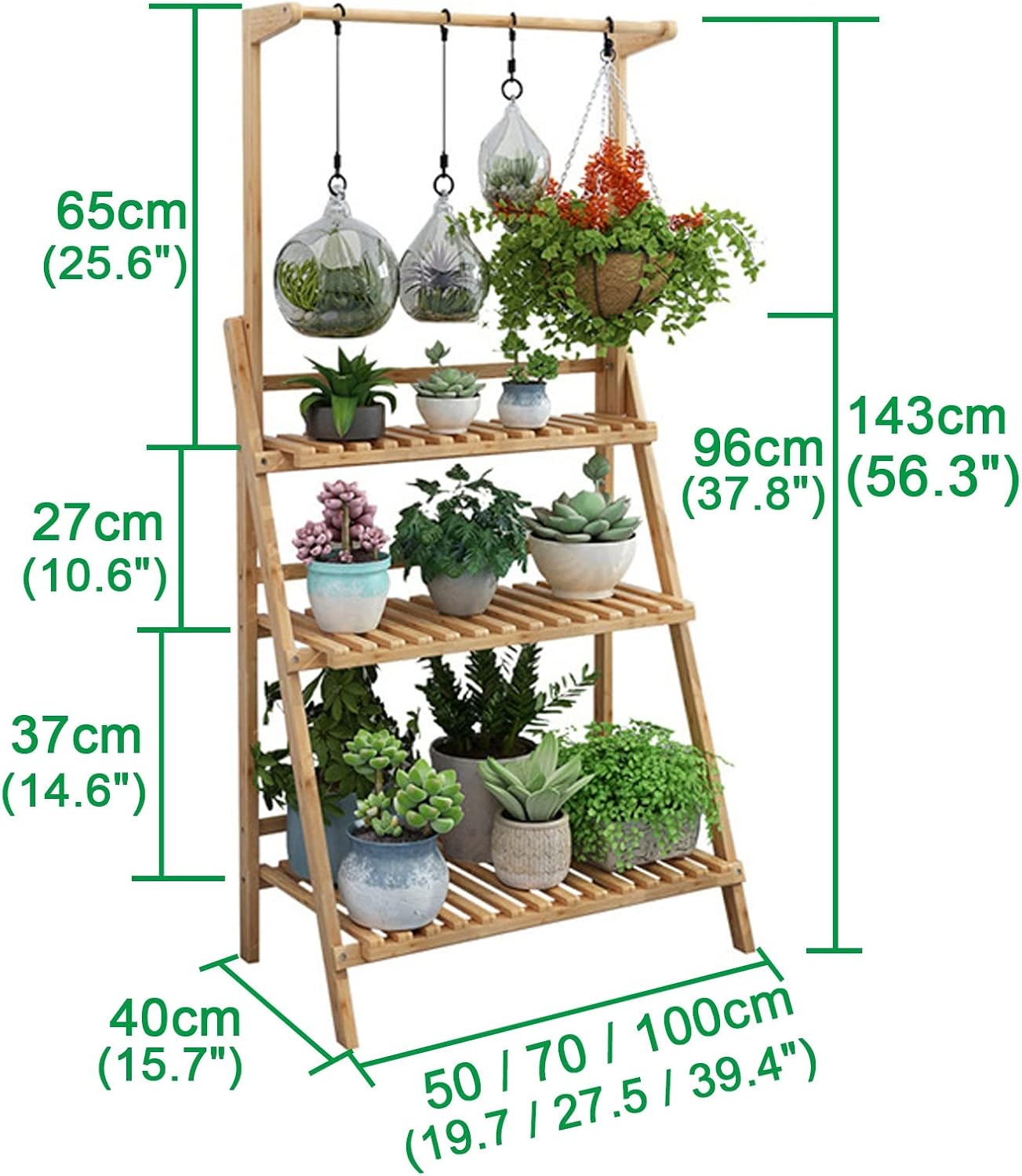 LIGUOYI 3 Tier Ladder Plant Shelves Flower Holder Racks Hanging Multi Plant Pot Holder Folding Display Shelving Bamboo Plant Stand Plants Shelf Unit Holder for Garden Balcony Living Room Patio