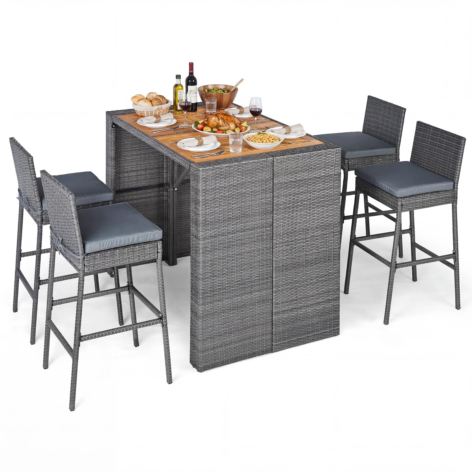 Tangkula 5 Piece Patio Wicker Bar Set, Patiojoy Outdoor Acacia Wood Bar Height Table & 4 Rattan Bar Stool Chairs with Backrest and Footrest, Outdoor Dining Bistro Set