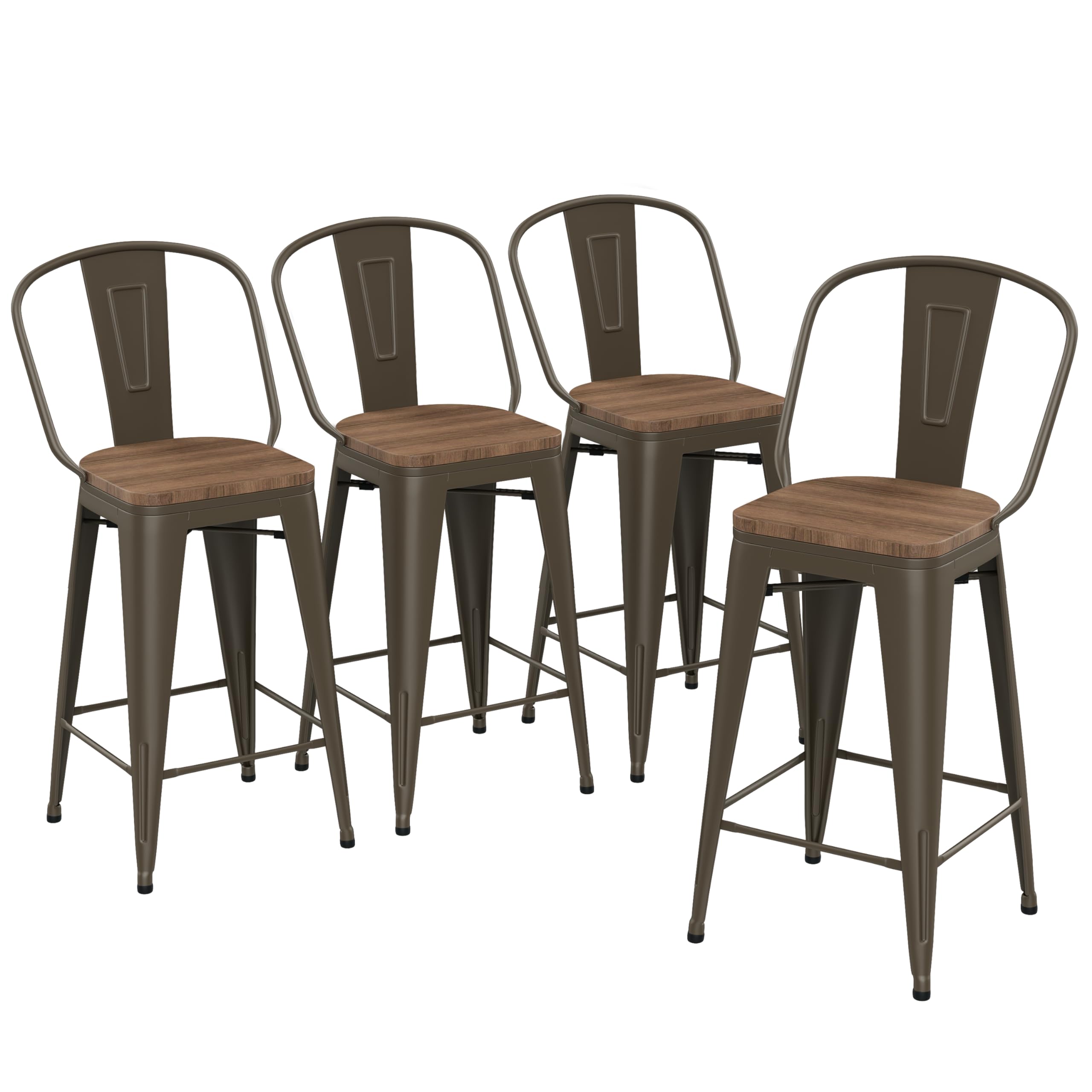26 inch Bar Stools Set of 4, Black Metal High Back Counter Height Barstools with Large Wooden Seat Modern Farmhouse Kitchen Bar Chairs
