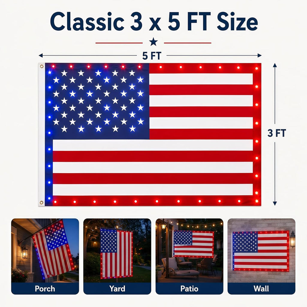 Lighted American Flag 3x5 FT, American Flag with Red White Blue LED Lights, Light Up Stars and Stripes Flag for Porch Wall Yard Patio, Patriotic Outdoor Decor for July 4th Memorial Day Veterans Day (Flag)