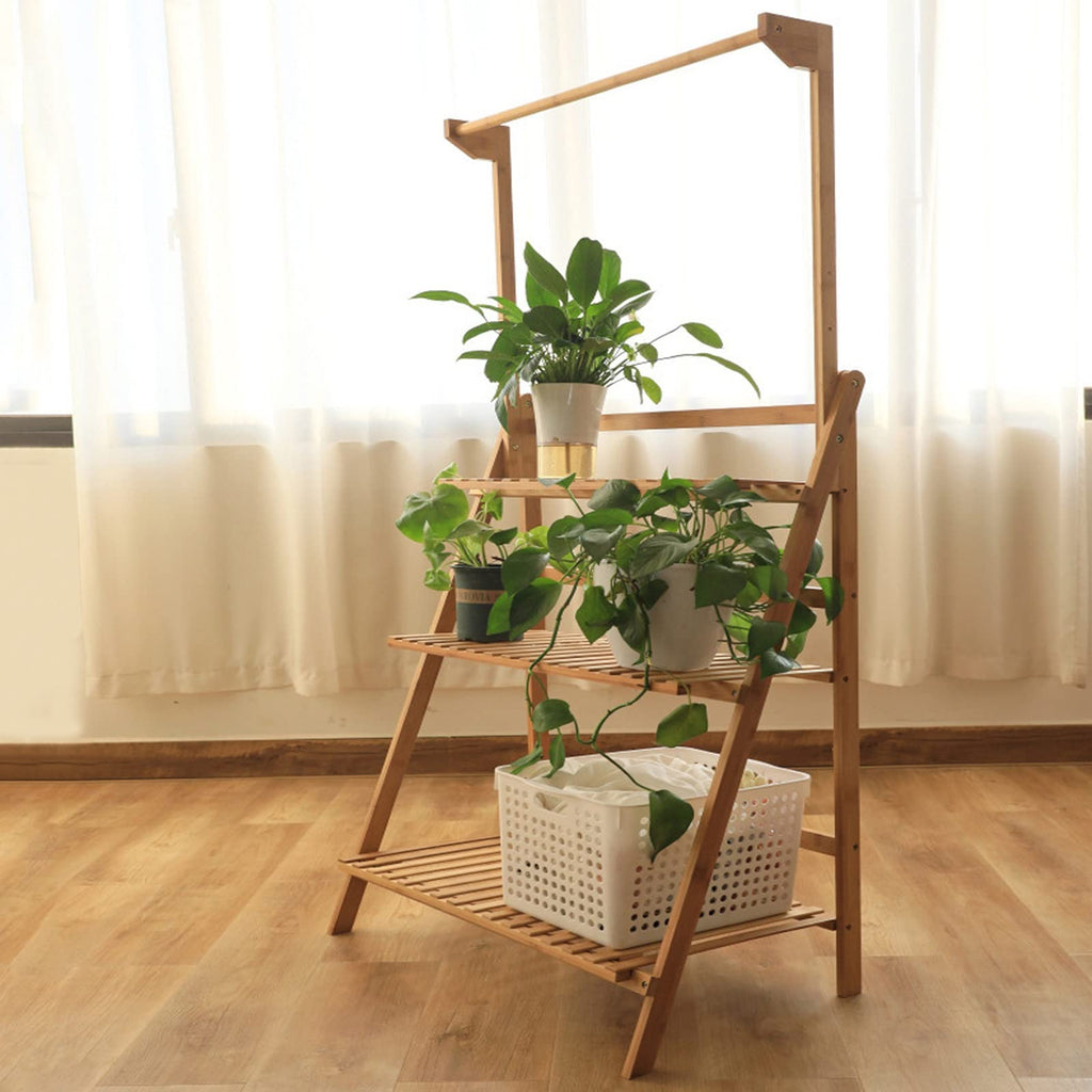 LIGUOYI 3 Tier Ladder Plant Shelves Flower Holder Racks Hanging Multi Plant Pot Holder Folding Display Shelving Bamboo Plant Stand Plants Shelf Unit Holder for Garden Balcony Living Room Patio