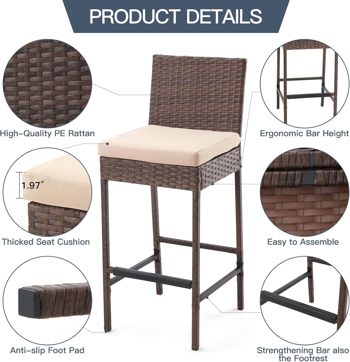 ECOTOUGE 5PCS Patio Bar Set with Wicker Bar Chairs & Outdoor Bar Table(2 Steel Shelves & Wine Rack), Rattan Bar Height Patio Set with Removable Cushion for Lawn, Porches,Balcony (Brown)