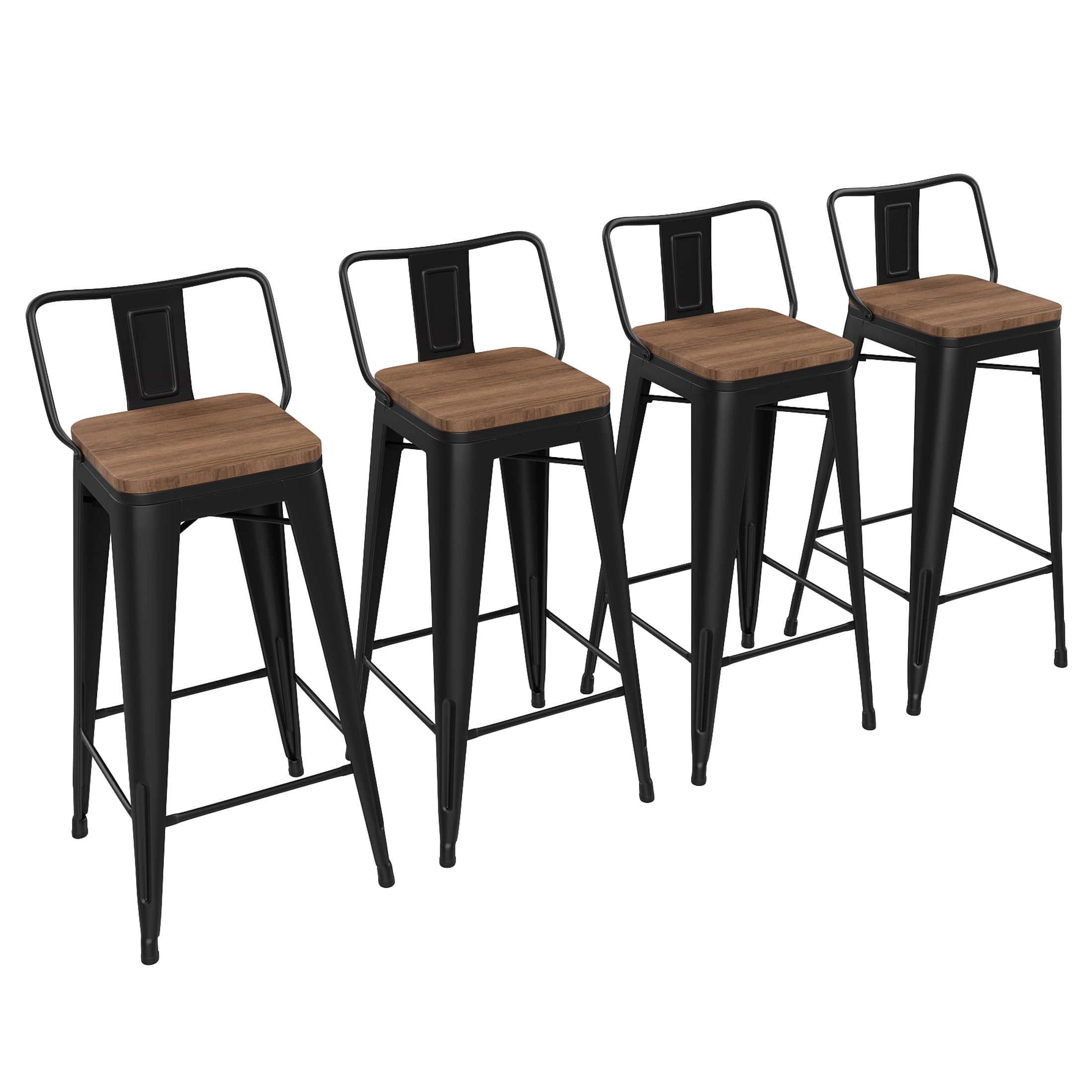 Yongchuang 24" Metal Barstools Set of 4 Counter Bar Stools with Wood Top Low Back Matte Black
