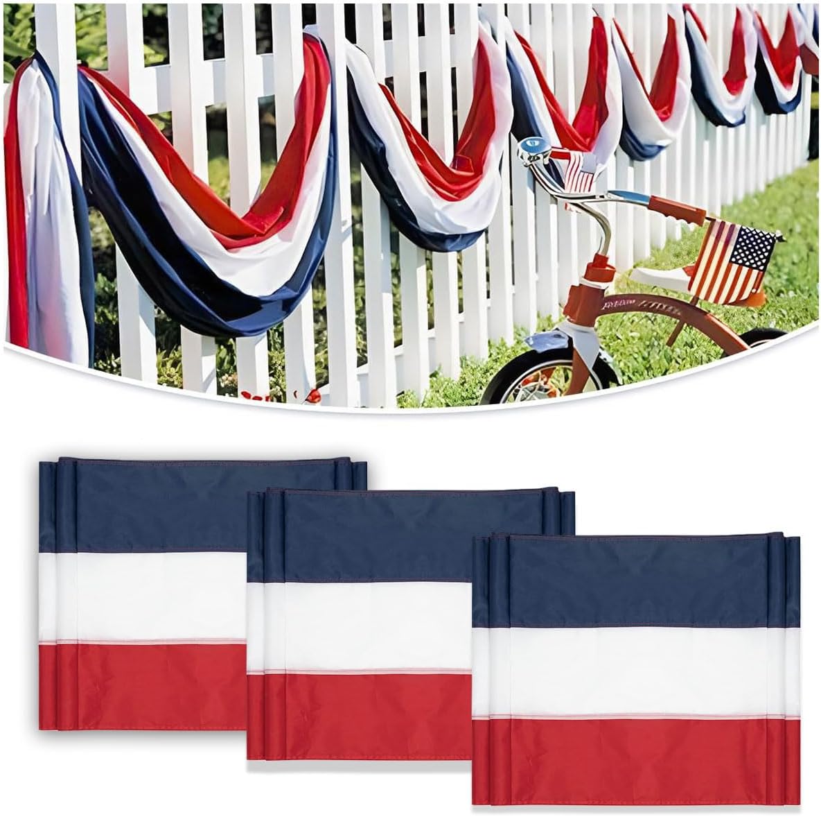 3 Pack Patriotic Red White Blue USA Bunting Banner for 4th of July & Memorial Day Outdoor Decor