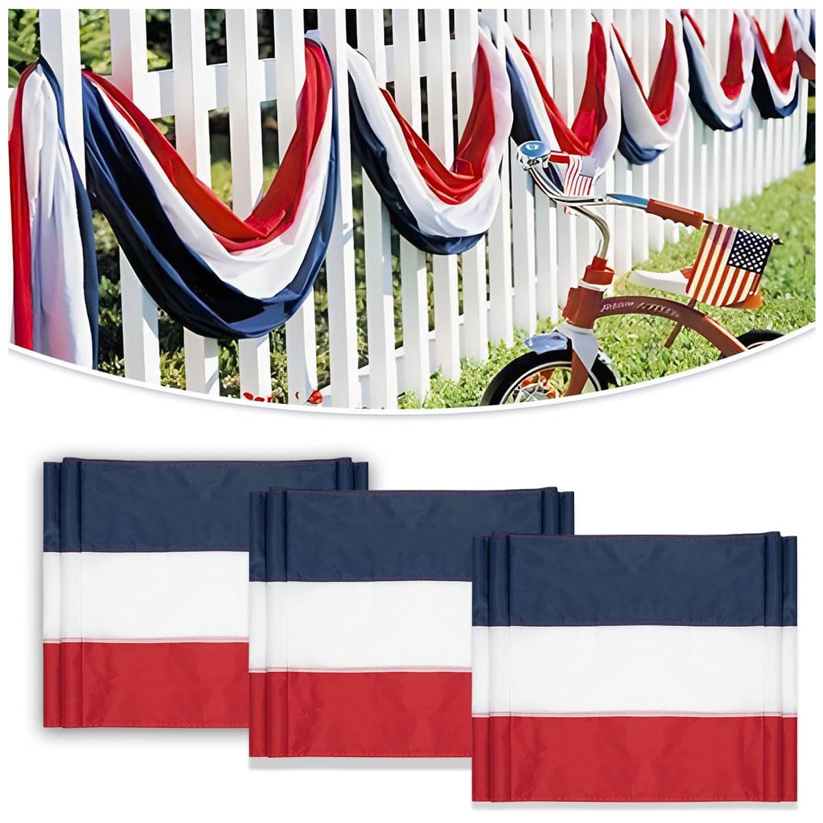 3 Pack Patriotic Red White Blue USA Bunting Banner for 4th of July & Memorial Day Outdoor Decor