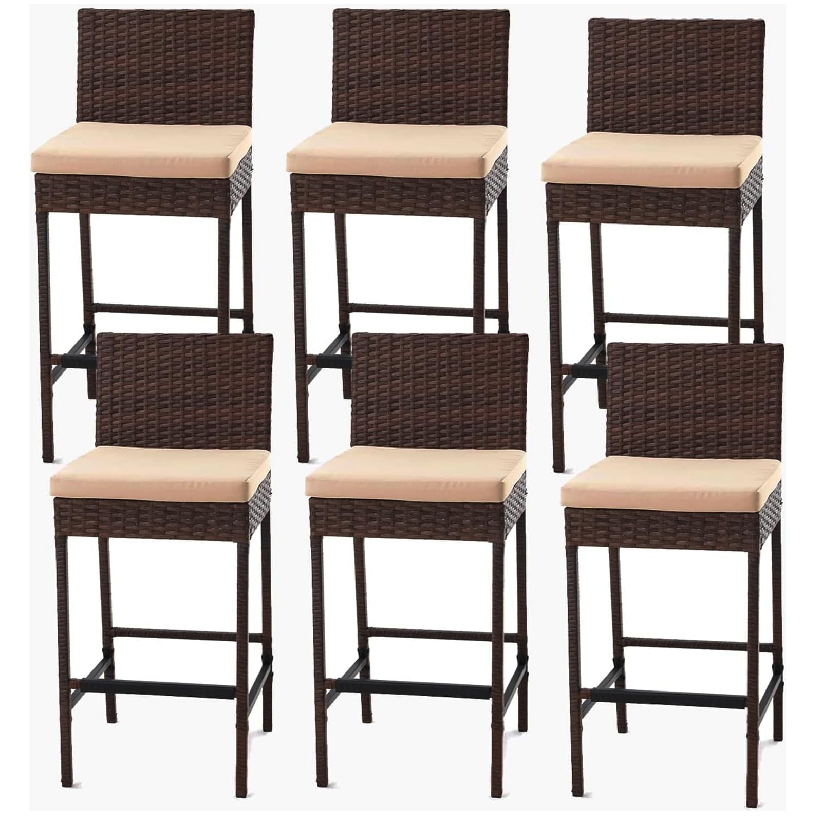ECOTOUGE Rattan Bar Stools Set of 2, Outdoor Wicker Barstools Counter Height with Cushion for Lawn, Balcony, Garden, Black