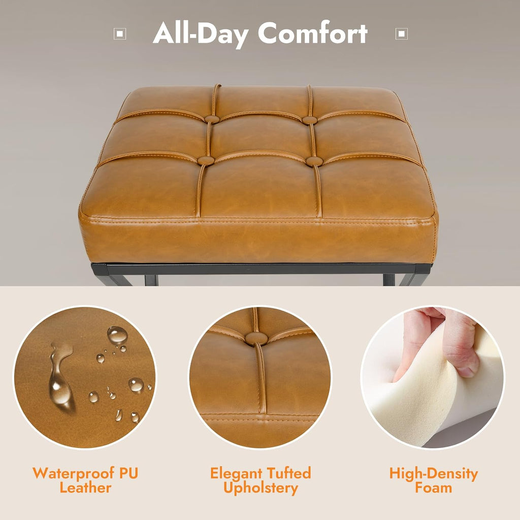 2 Pack Walnut Brown Faux Leather Backless Counter Stools with Metal X Frame Legs