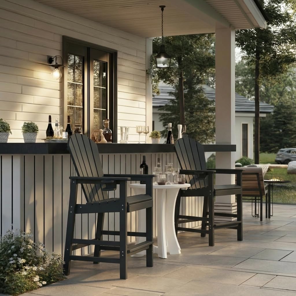 WILLIAMSPACE Patio Bar Table Set of 5, Outdoor Wicker Height Bar Table & 4 Chairs with Cushions & Wood Tabletop, Bistro Set for Backyards Porches (Brown+Grey)