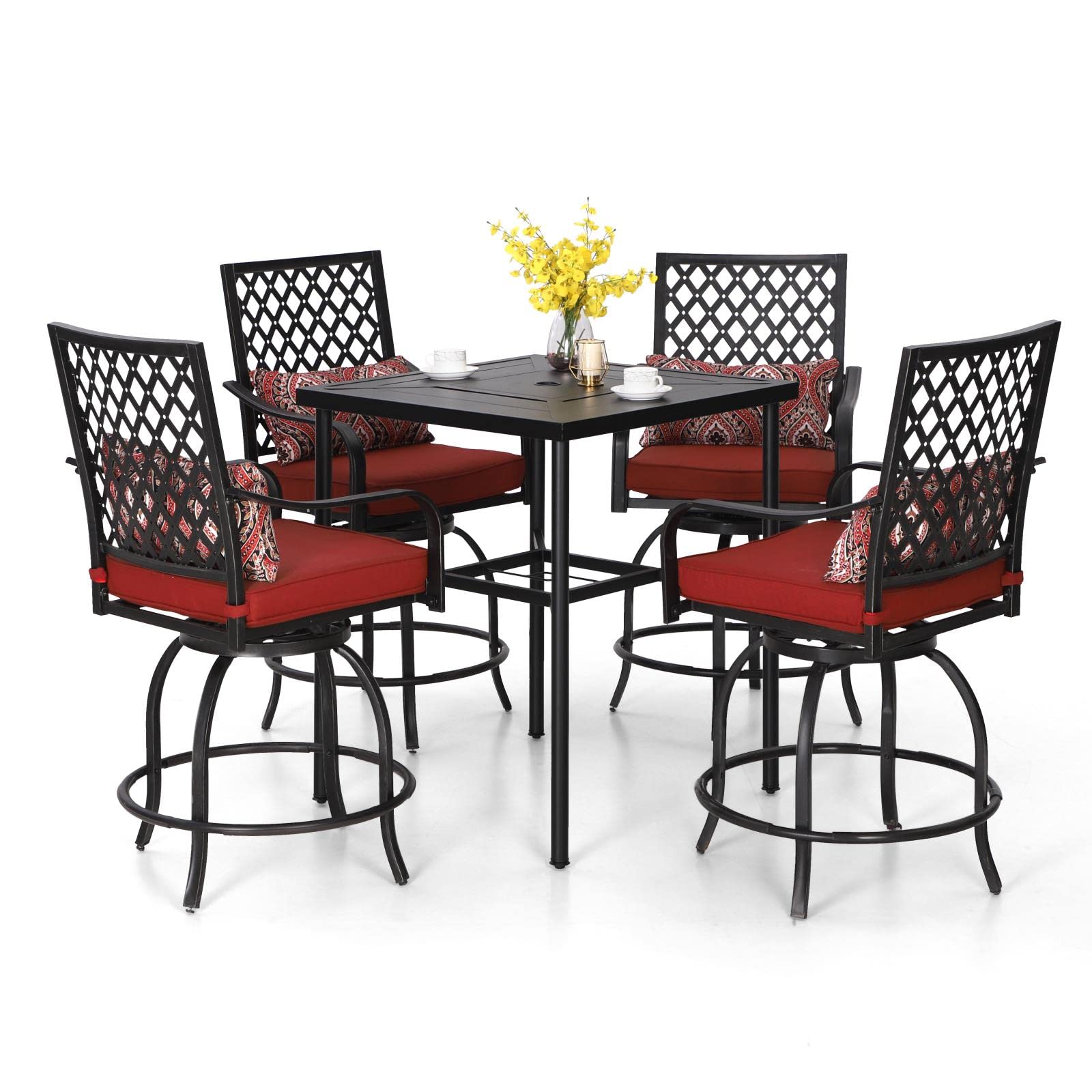 PHI VILLA 7 Piece Outdoor Bar Set, Counter Height Patio Bar Furniture Rectangle Dining Table and 6 Swivel Bar Stools Chairs with Brown Textilene Fabric for Garden,Yard and Deck
