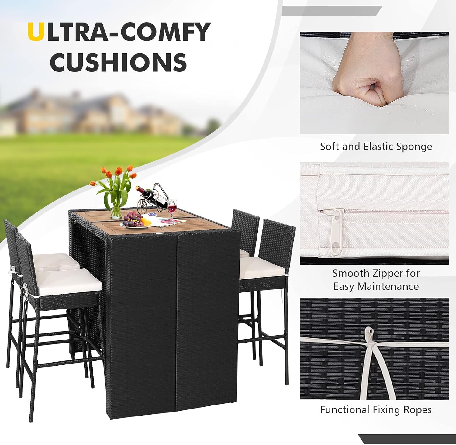 HAPPYGRILL 5 Pieces Outdoor Rattan Bar Set with 4 Cushioned Bar Stools, Height Table, Wicker Patio Bar Set Dining Set for Poolside Deck Backyard