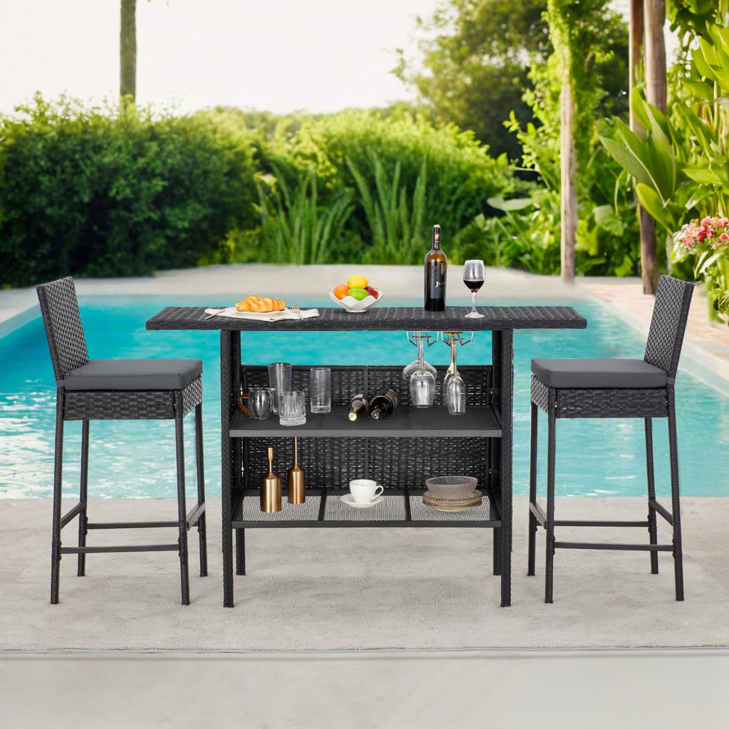 ECOTOUGE Bar Height Patio Set(Wicker Patio Stools & Smooth Top Table), Patio Bar Table and Chairs Set with Removable Cushion for Poolside (Black, 5 Set)