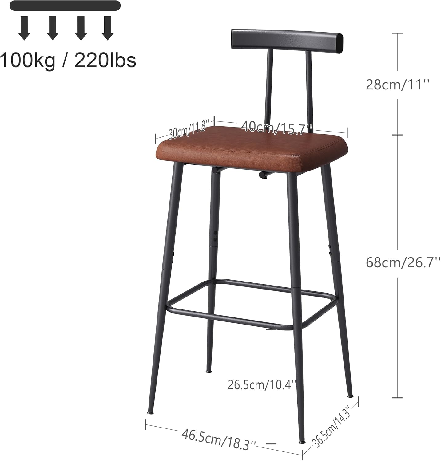 Bar Stools set of 2, Tall Bar Stools with Backrest and Footrest, Counter Height Bar Chairs, Industrial Barstools with PU Leather Cushion, for Kitchen, Dining Room, Bar, Cafe (Rustic Brown)KBS515R