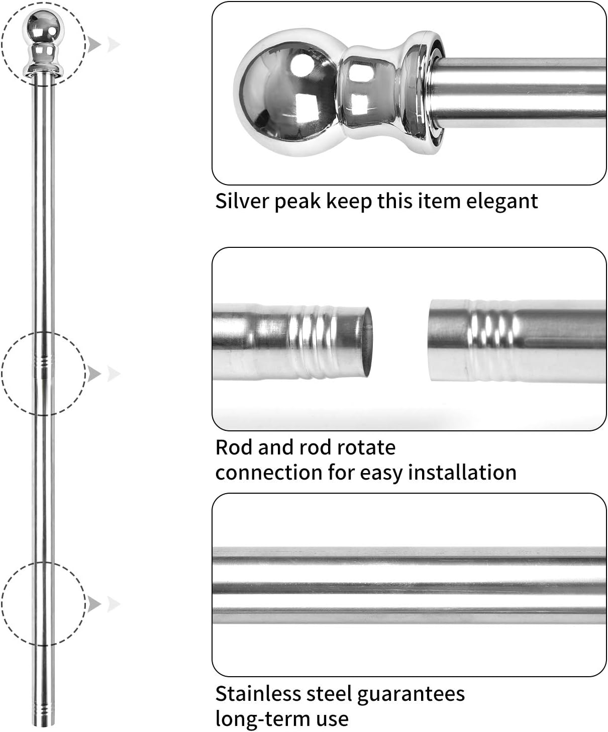 Quarut House Flag Pole Kit,Including 6Ft Stainless Steel Flag Pole,Heavy Duty Nylon 3x5 Ft American Flag,Aluminum Alloy Rings and Bracket.Wall Mounted Flagpole Set for Residential Commercial（Silvery）