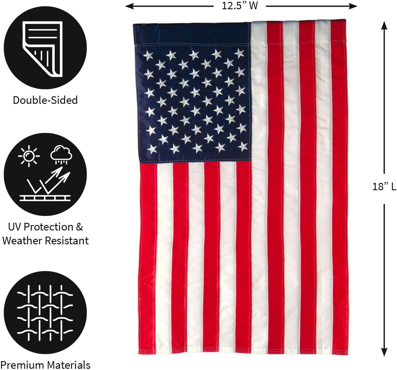 Evergreen 2 pcs American Flags with 2 Flag Stands | Set of 4 | Garden Flags 12x18 Double Sided | Patriotic House Flags For Outside | Small American Flag Garden Size | Embroidered Stars and Stripes | USA Residential or Commercial