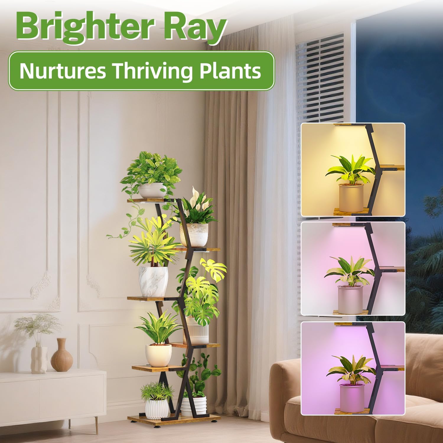 5-Tier Corner Plant Stand with Grow Light, Metal Wood Flower Rack for Indoor Balcony Display