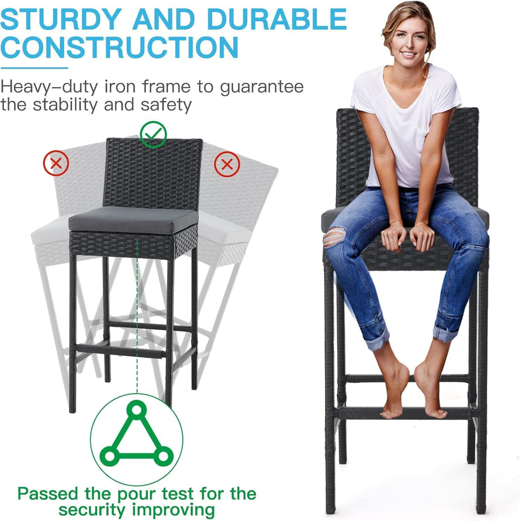 ECOTOUGE Rattan Bar Stools Set of 2, Outdoor Wicker Barstools Counter Height with Cushion for Lawn, Balcony, Garden, Black