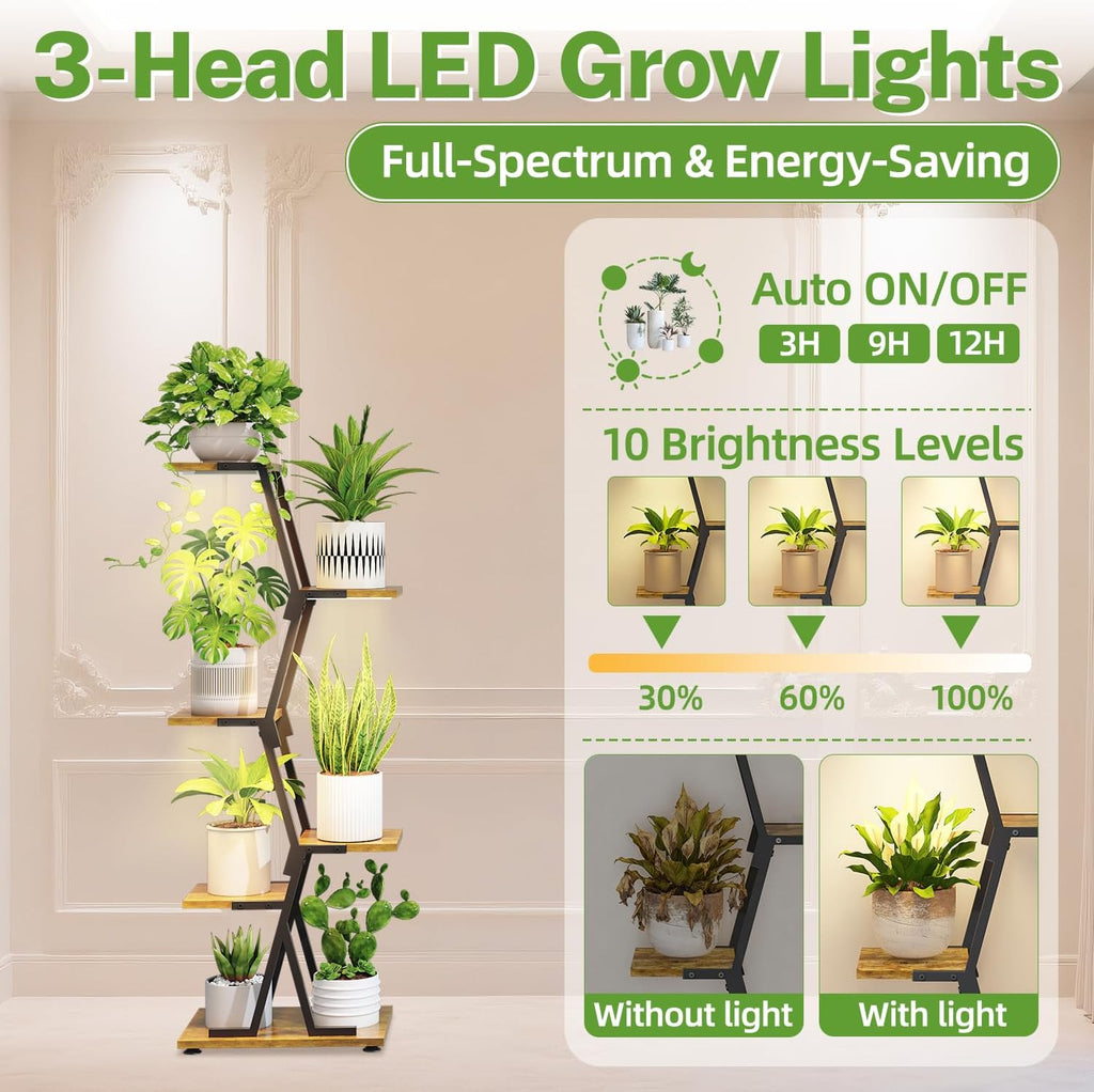 5-Tier Corner Plant Stand with Grow Light, Metal Wood Flower Rack for Indoor Balcony Display