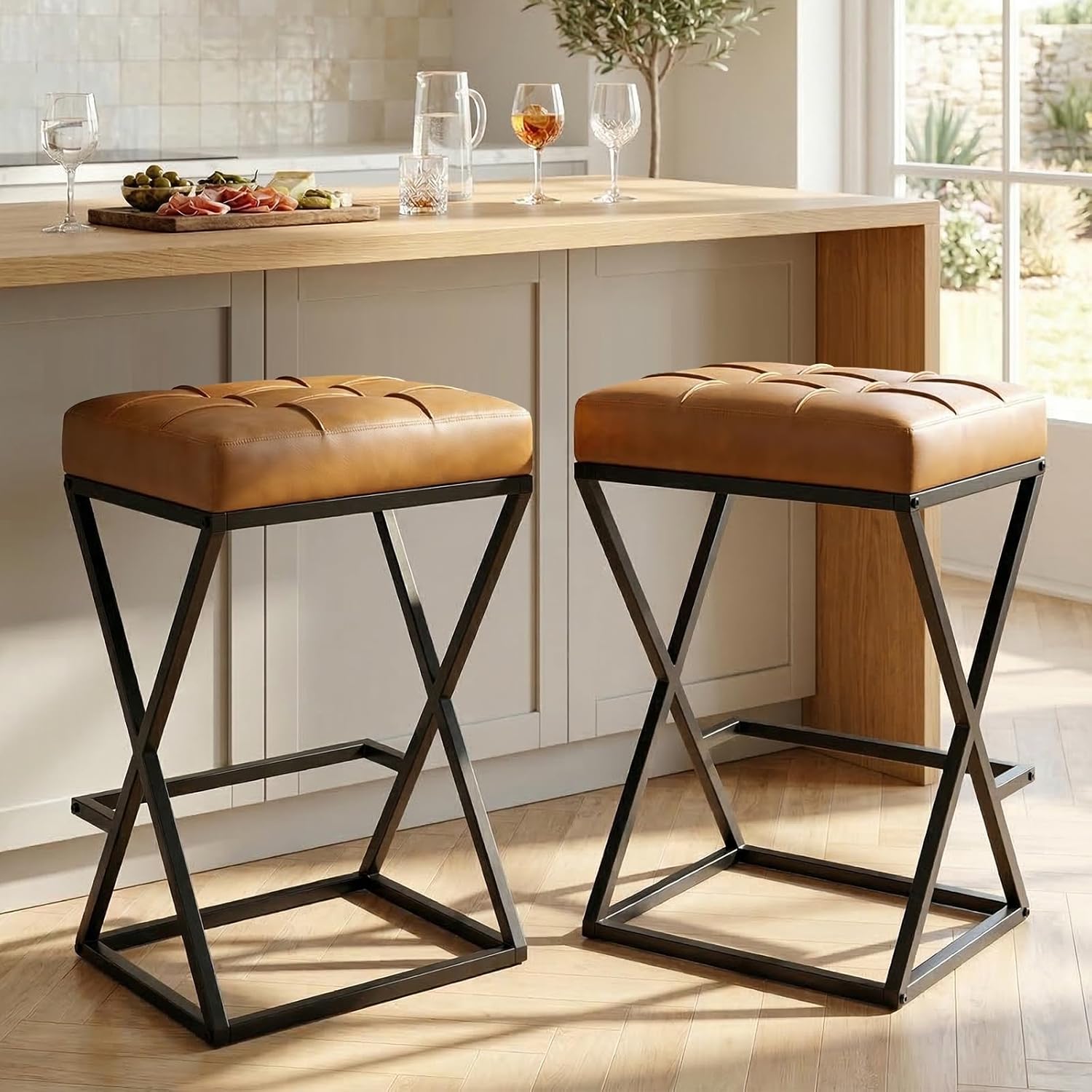 2 Pack Walnut Brown Faux Leather Backless Counter Stools with Metal X Frame Legs