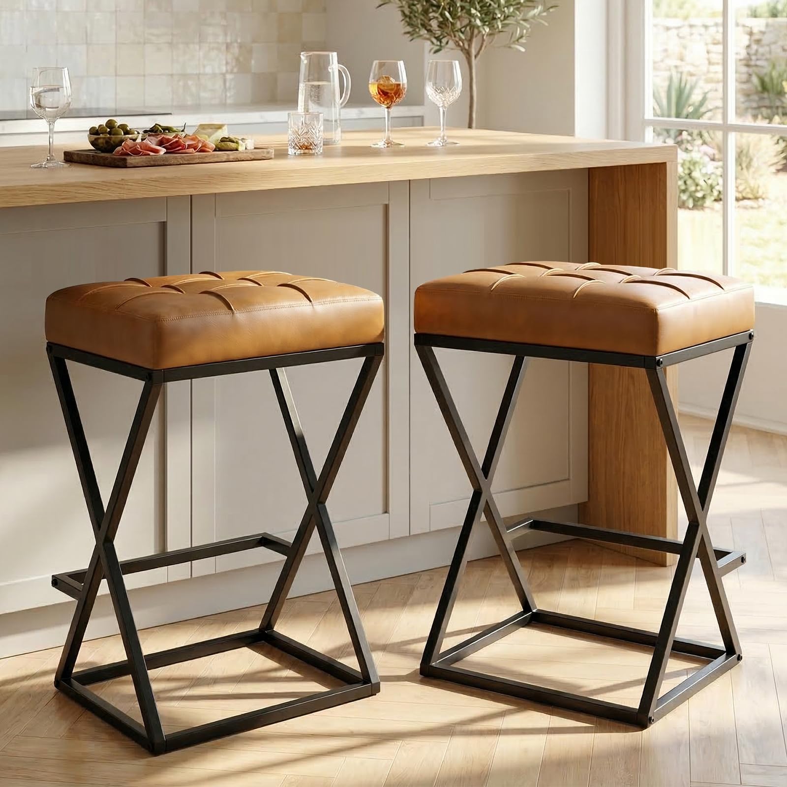 2 Pack Walnut Brown Faux Leather Backless Counter Stools with Metal X Frame Legs